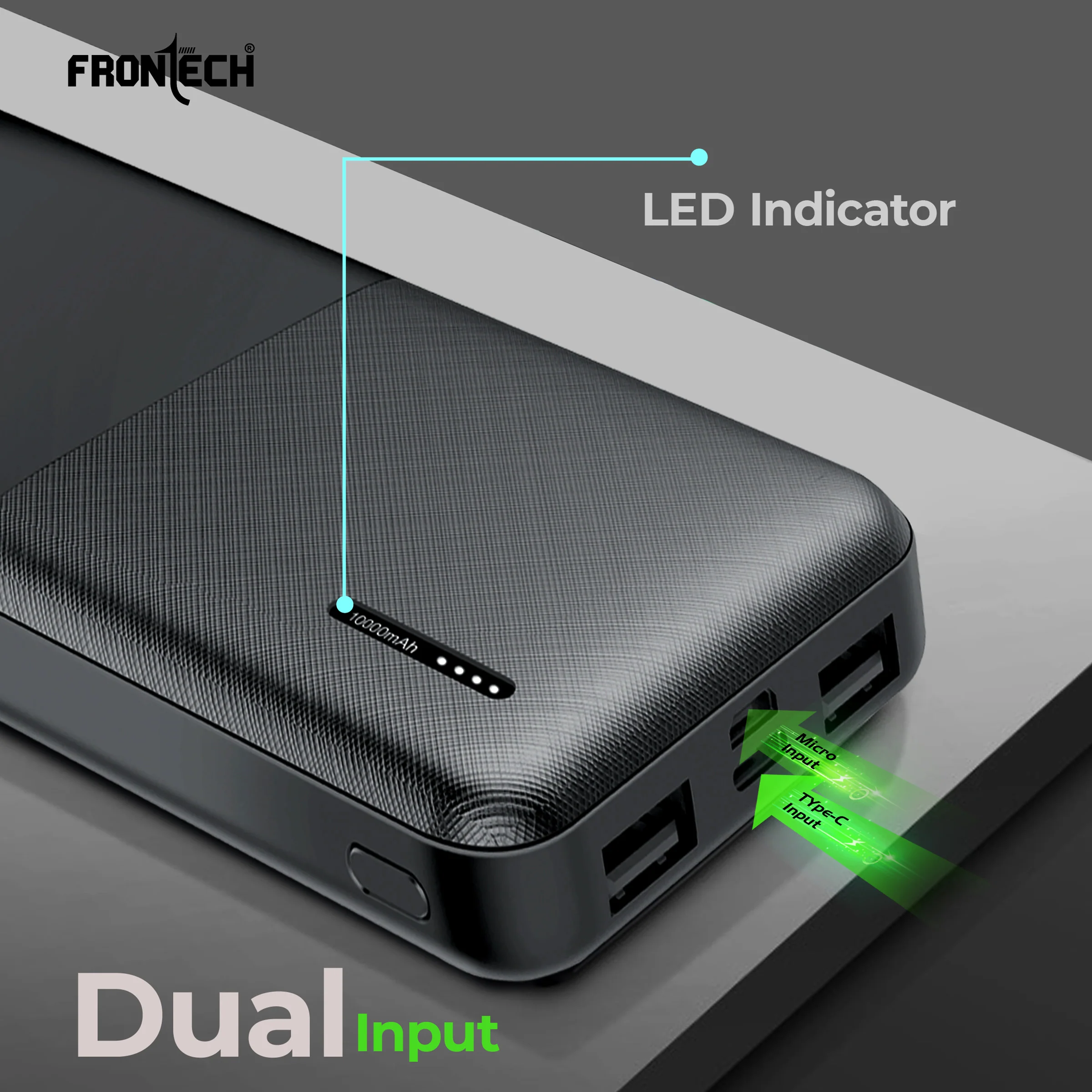 Frontech 10000 mAh Li-ion Power Bank with LED Indicator, Dual USB (PB-0007) - Image 4