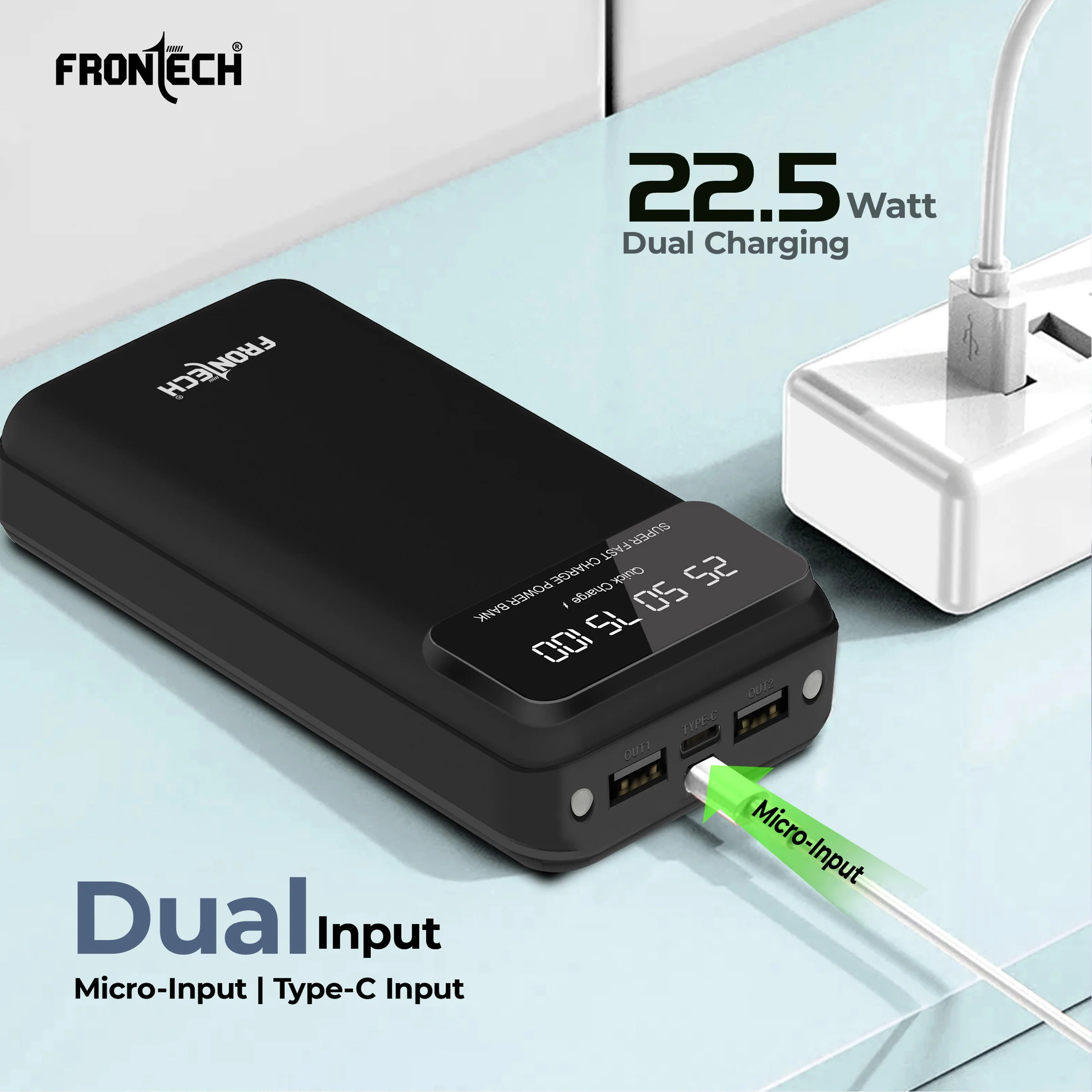 Frontech 20000mAh 22.5W Fast Charging Power Bank with LED Digital Display, Dual USB Output, Type-C & Micro Input, Dual LED Torch Light, Li-Polymer Battery, Multi-Protection – Universal Compatibility | PB-0008 - Image 3