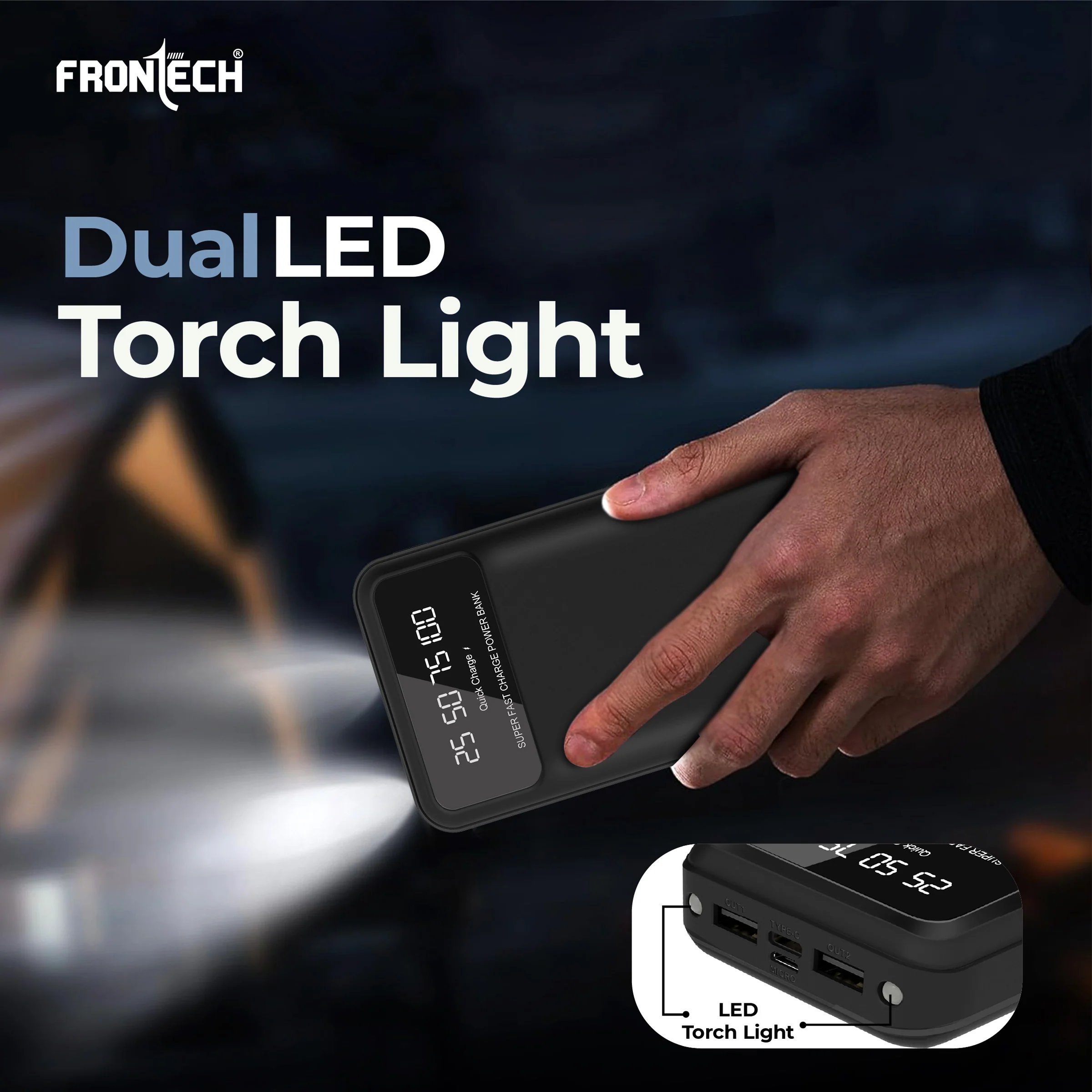 Frontech 20000mAh 22.5W Fast Charging Power Bank with LED Digital Display, Dual USB Output, Type-C & Micro Input, Dual LED Torch Light, Li-Polymer Battery, Multi-Protection – Universal Compatibility | PB-0008 - Image 4