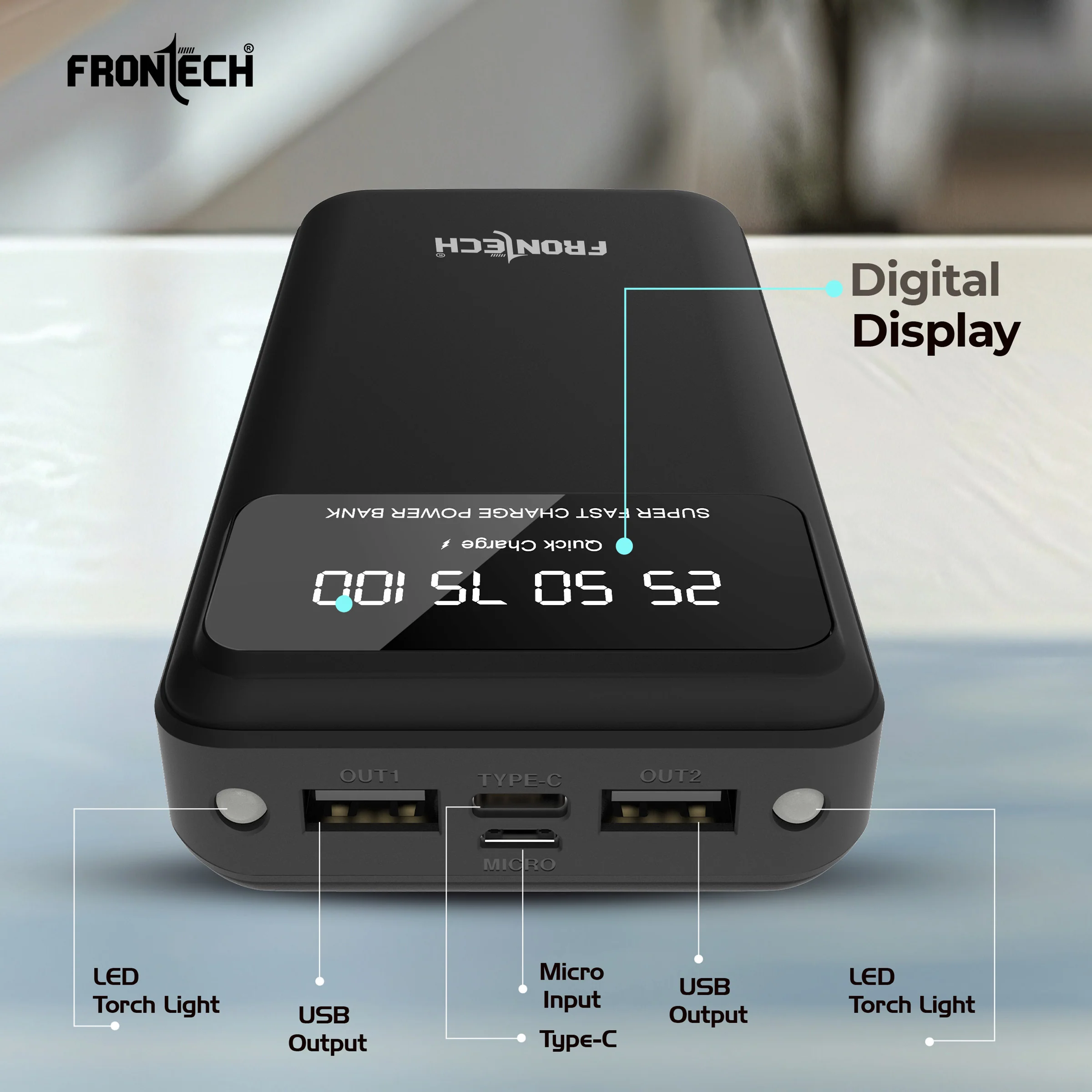 Frontech 20000mAh 22.5W Fast Charging Power Bank with LED Digital Display, Dual USB Output, Type-C & Micro Input, Dual LED Torch Light, Li-Polymer Battery, Multi-Protection – Universal Compatibility | PB-0008 - Image 7