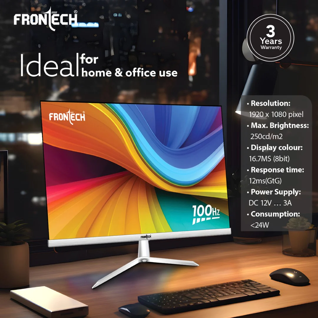 Frontech 24 inch LED Monitor | 100Hz | 1920x1080 | Wall Mountable | Frameless | HDMI & VGA | 12ms Response Time | Built-in Speakers | IPS Panel | Ultima Series | 3 Years Warranty - Image 7