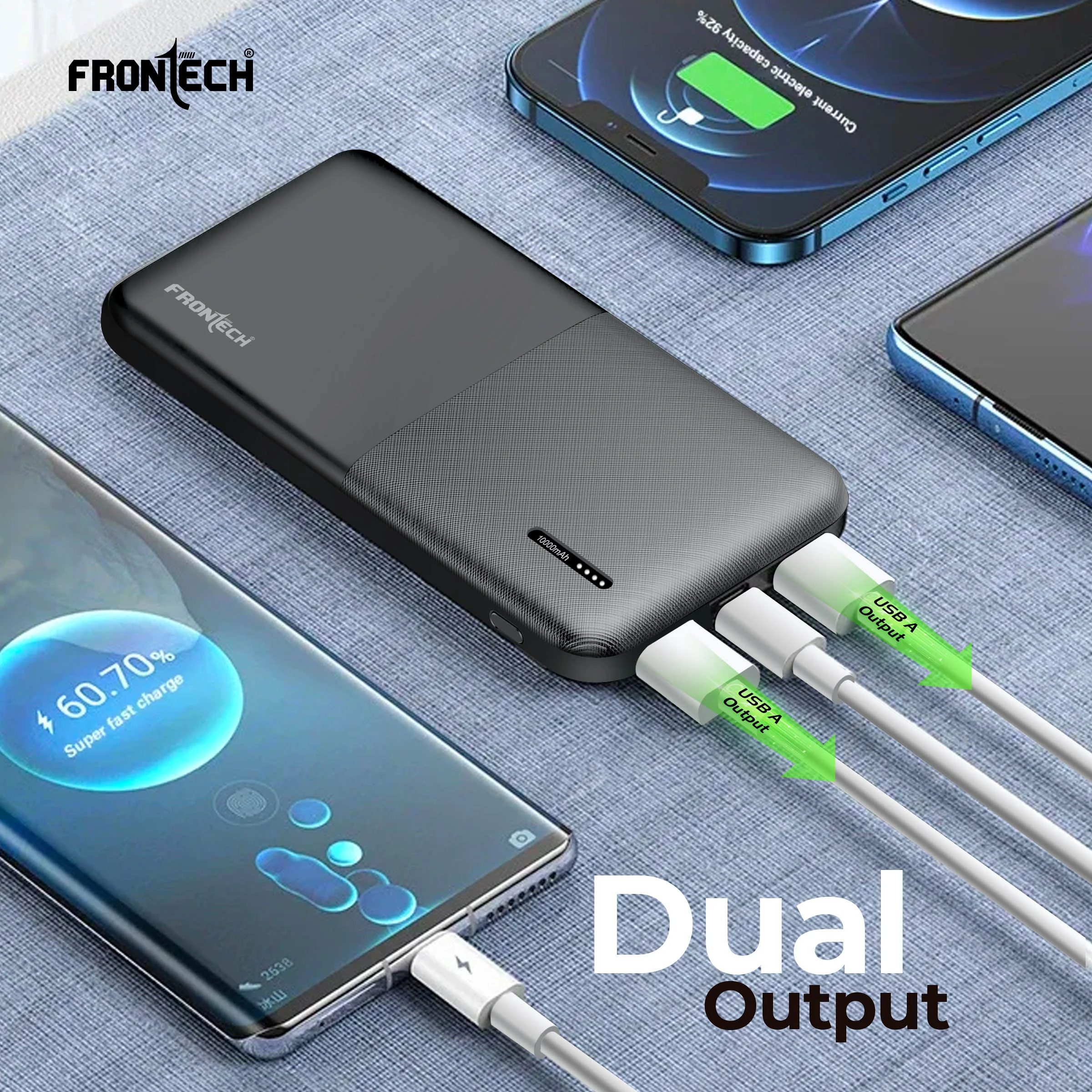 Frontech 10000mAh 12W Power Bank | Dual USB Output & Dual Input Type-C & Micro USB – Black (PB-0042) - Image 3