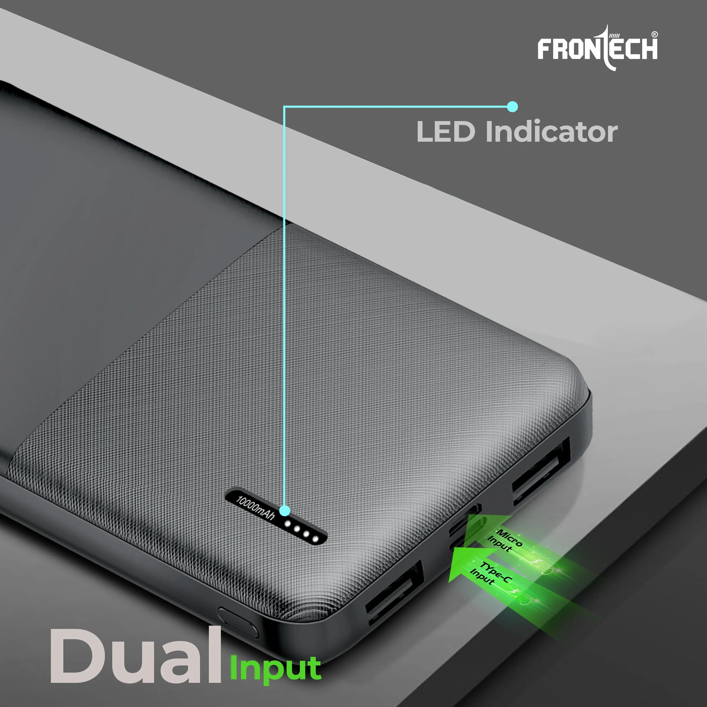 Frontech 10000mAh 12W Power Bank | Dual USB Output & Dual Input Type-C & Micro USB – Black (PB-0042) - Image 4