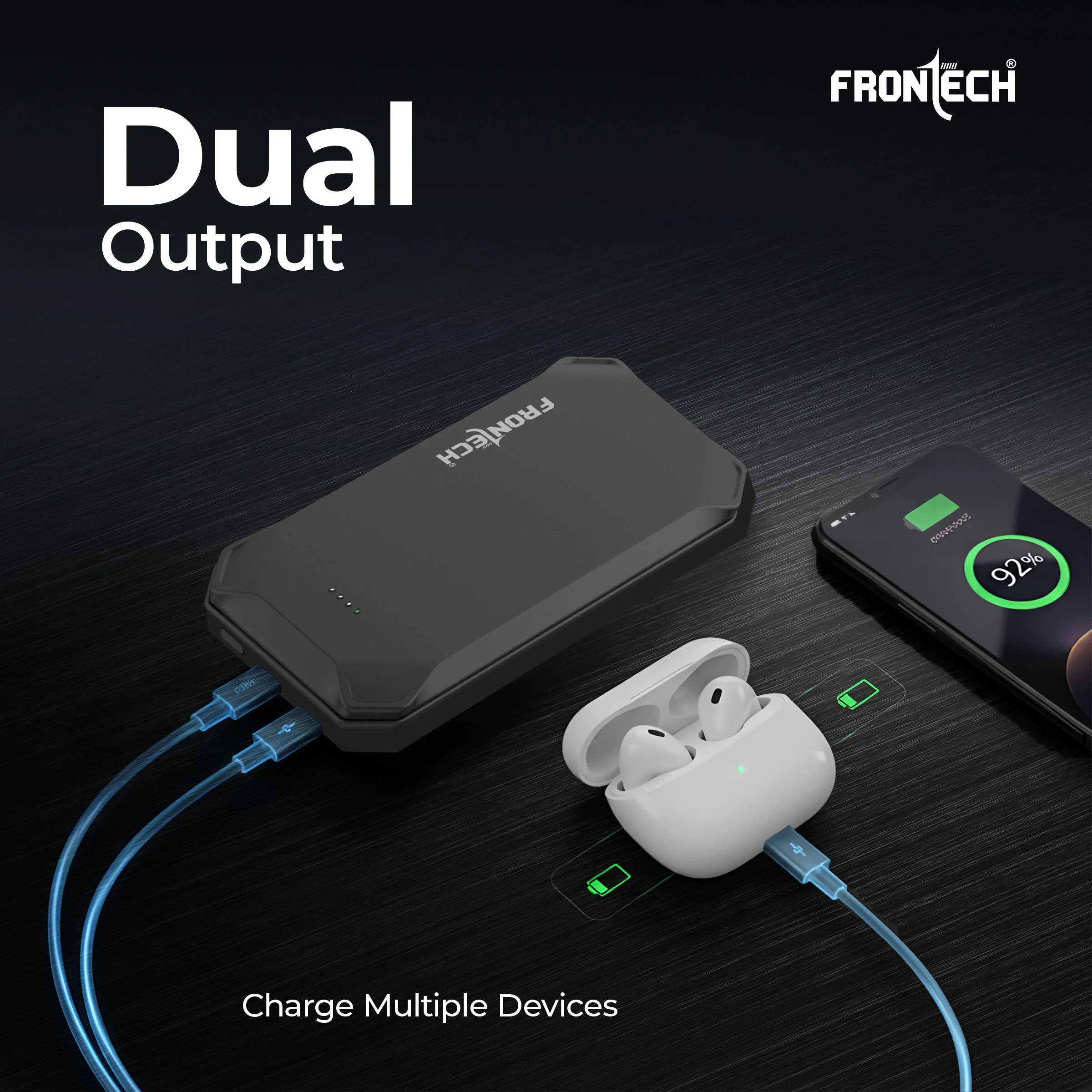 Frontech 10000mAh 22.5W Fast Charging Power Bank with LED Indicator | Short Circuit Protection & Dual Output (PB-0028) - Image 3