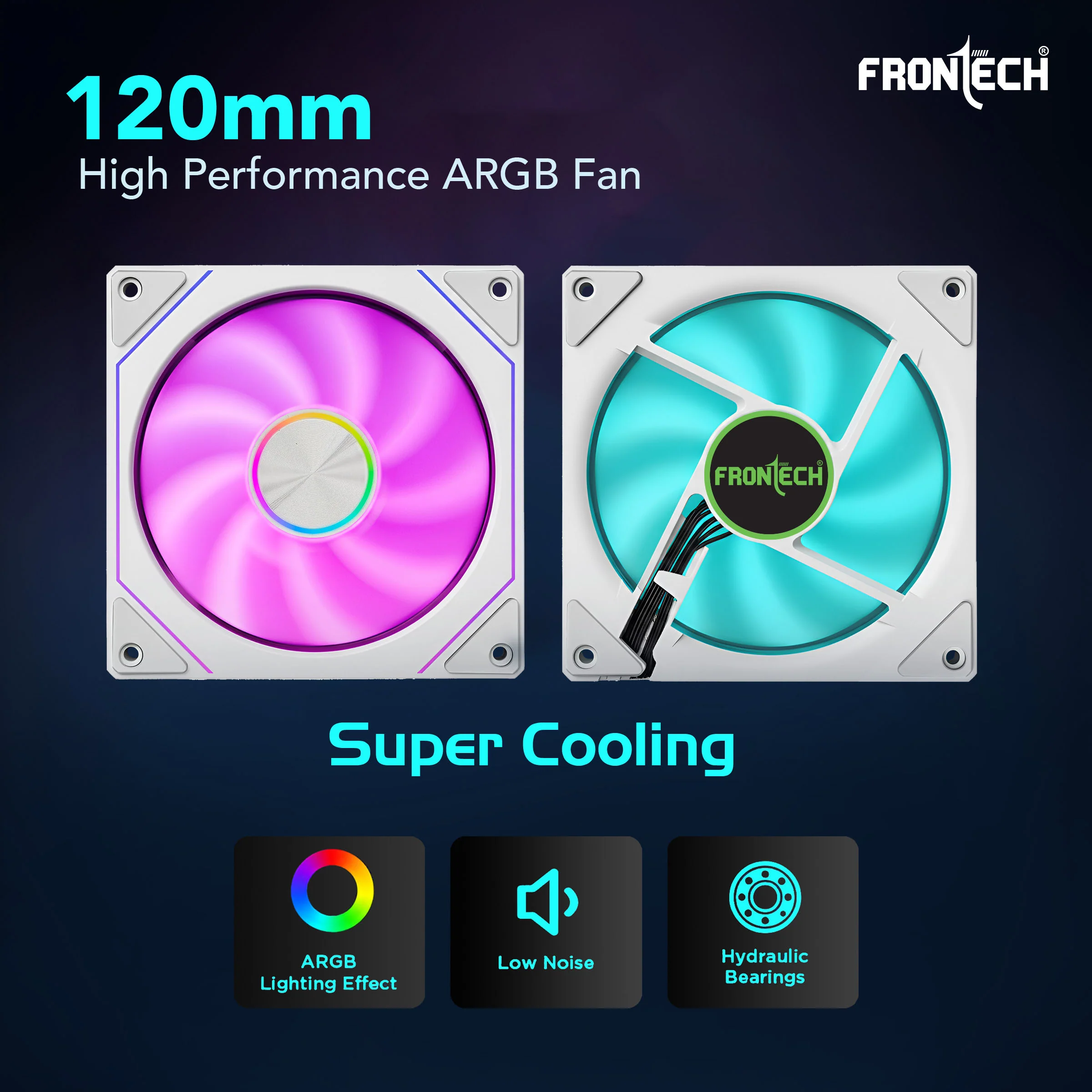 Frontech 120mm ARGB Gaming Case Fan | Infinity Mirror | 1600 RPM High Airflow | 3+4 PIN Connector | Noiseless Operation | Hydraulic Bearing | PWM Control | 1 Year Warranty (CPF-0011WHT) - Image 4