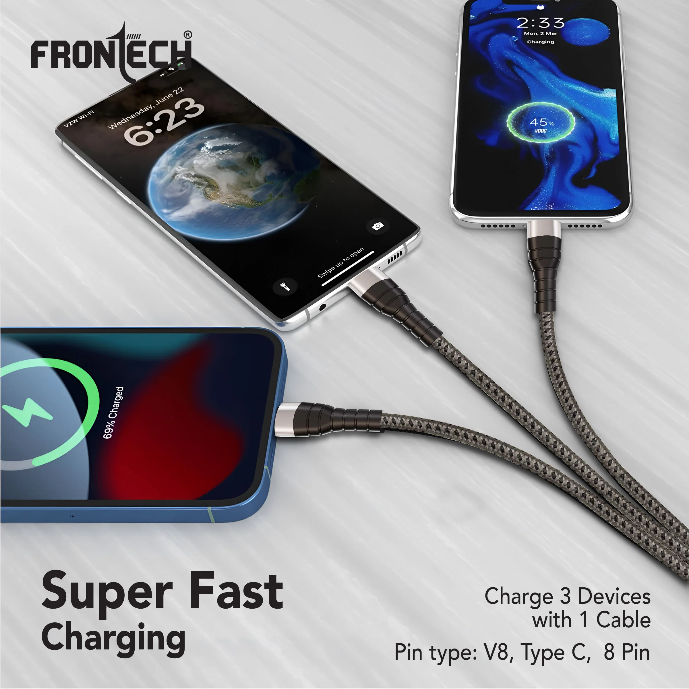 Frontech 17W 3-in-1 Multi Fast Charging USB Cable | Type-C, Micro USB & Lightning Port | 1.2 Meter Braided Cable | Smart Chip Protection | Grey/Black (FT-1053) - Image 3