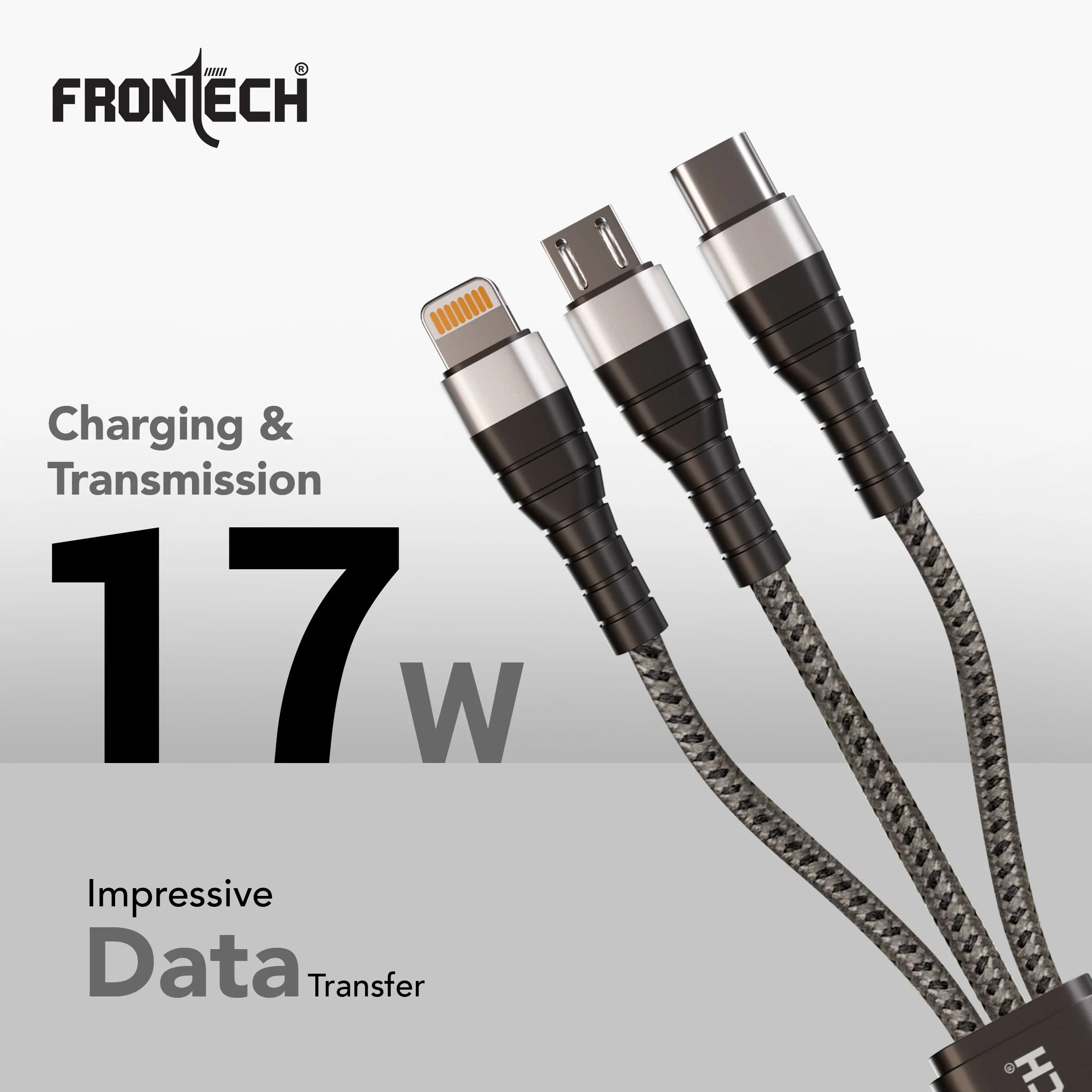 Frontech 17W 3-in-1 Multi Fast Charging USB Cable | Type-C, Micro USB & Lightning Port | 1.2 Meter Braided Cable | Smart Chip Protection | Grey/Black (FT-1053) - Image 4