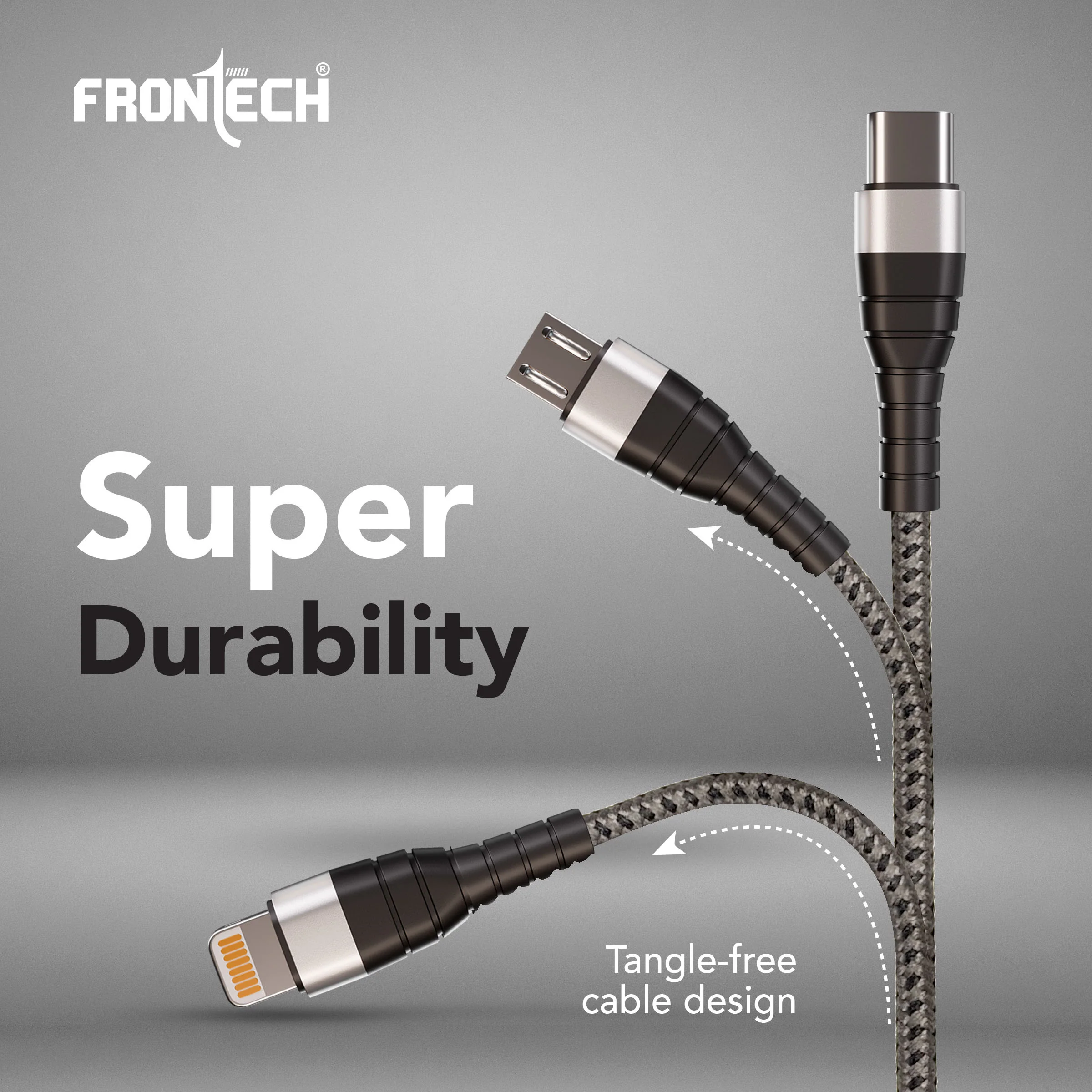 Frontech 17W 3-in-1 Multi Fast Charging USB Cable | Type-C, Micro USB & Lightning Port | 1.2 Meter Braided Cable | Smart Chip Protection | Grey/Black (FT-1053) - Image 5
