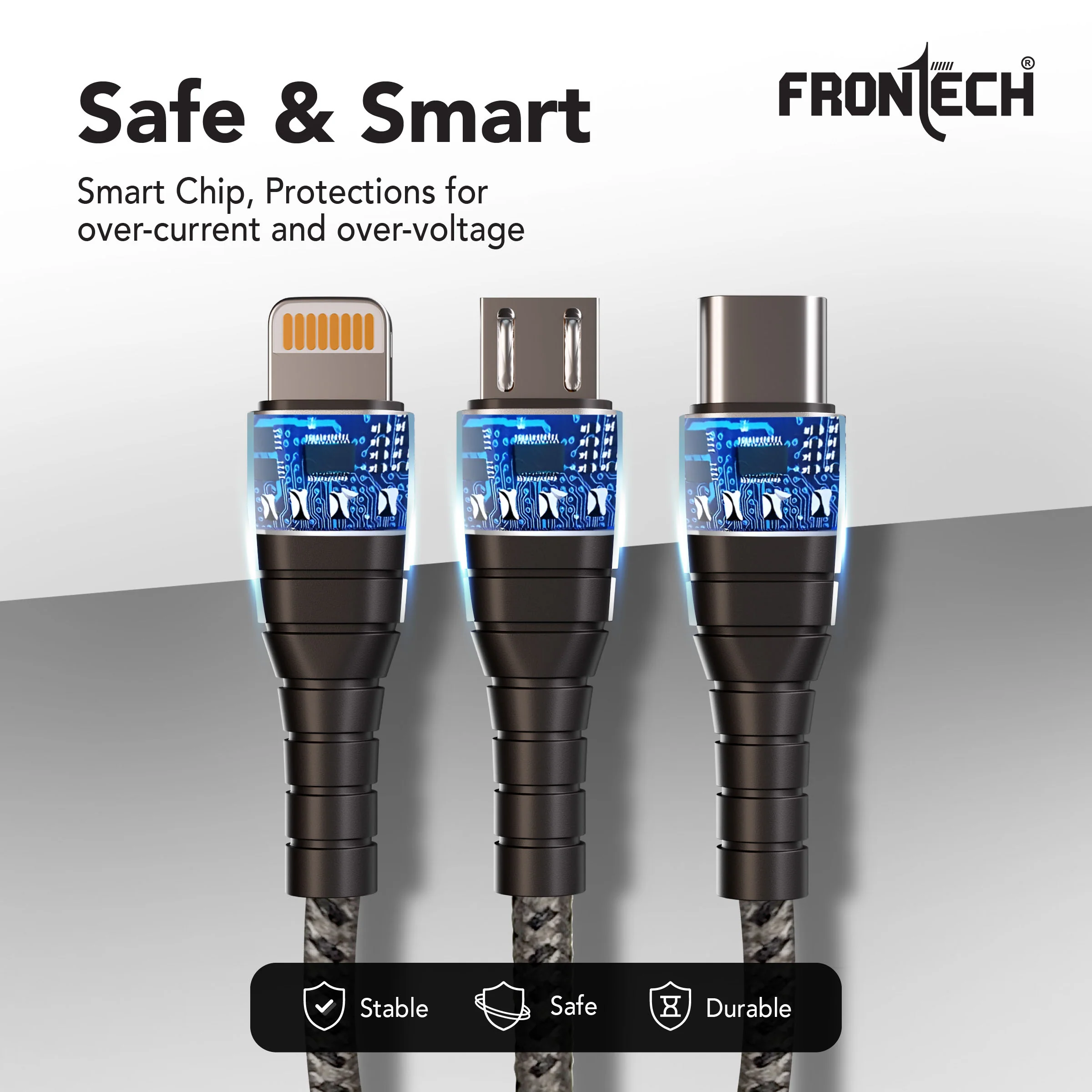 Frontech 17W 3-in-1 Multi Fast Charging USB Cable | Type-C, Micro USB & Lightning Port | 1.2 Meter Braided Cable | Smart Chip Protection | Grey/Black (FT-1053) - Image 6