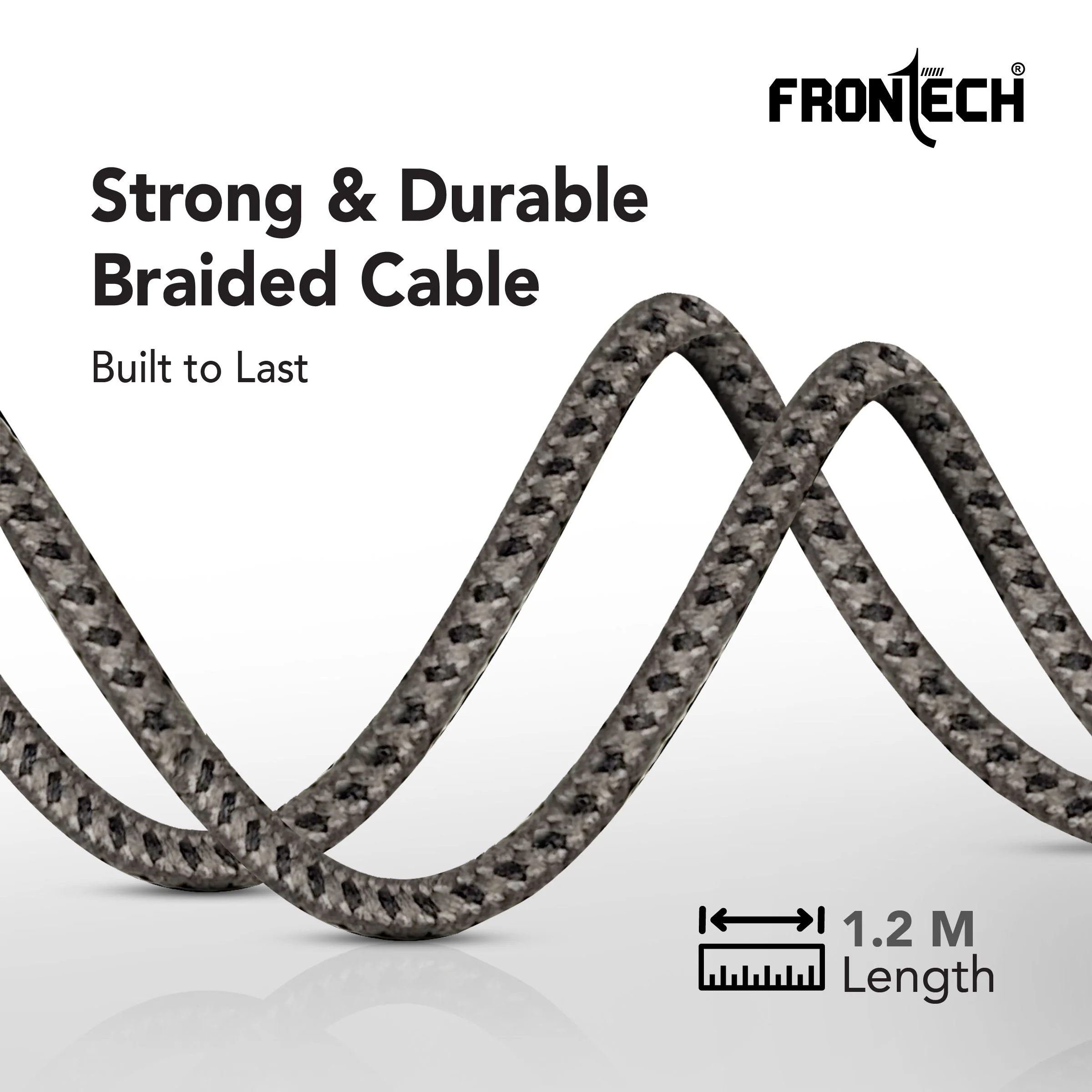 Frontech 17W 3-in-1 Multi Fast Charging USB Cable | Type-C, Micro USB & Lightning Port | 1.2 Meter Braided Cable | Smart Chip Protection | Grey/Black (FT-1053) - Image 7