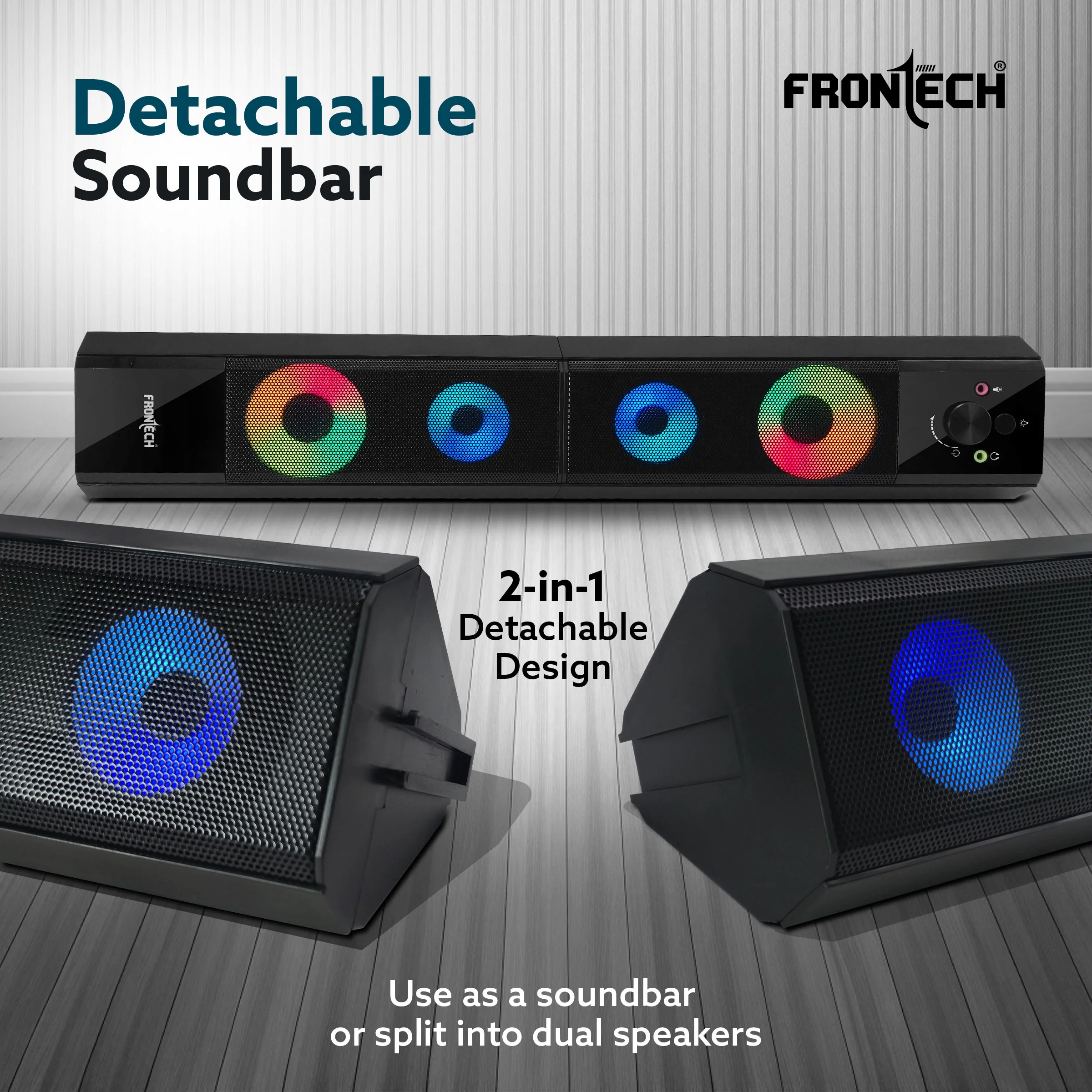 Frontech 2.0 Channel Multimedia Speaker | 12W | USB Powered | AUX/USB | RGB Lighting | Detachable Soundbar (SPK-0012) - Image 3