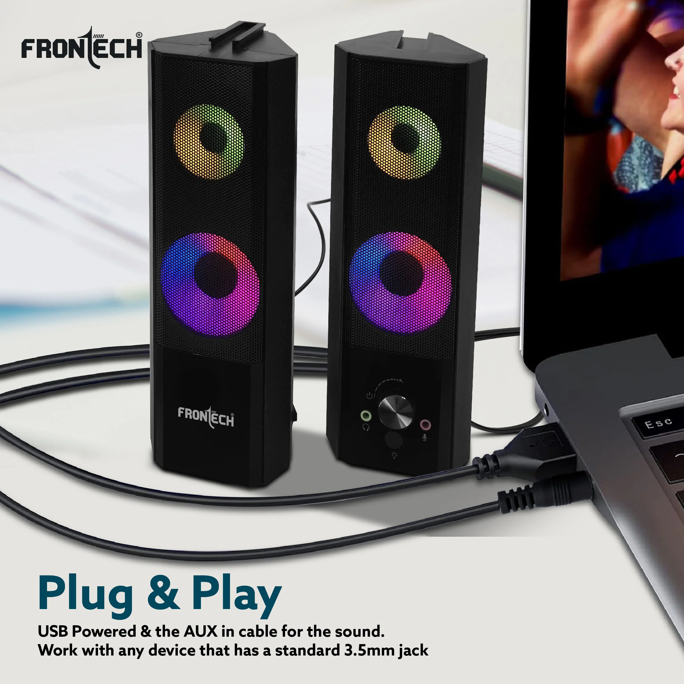 Frontech 2.0 Channel Multimedia Speaker | 12W | USB Powered | AUX/USB | RGB Lighting | Detachable Soundbar (SPK-0012) - Image 7