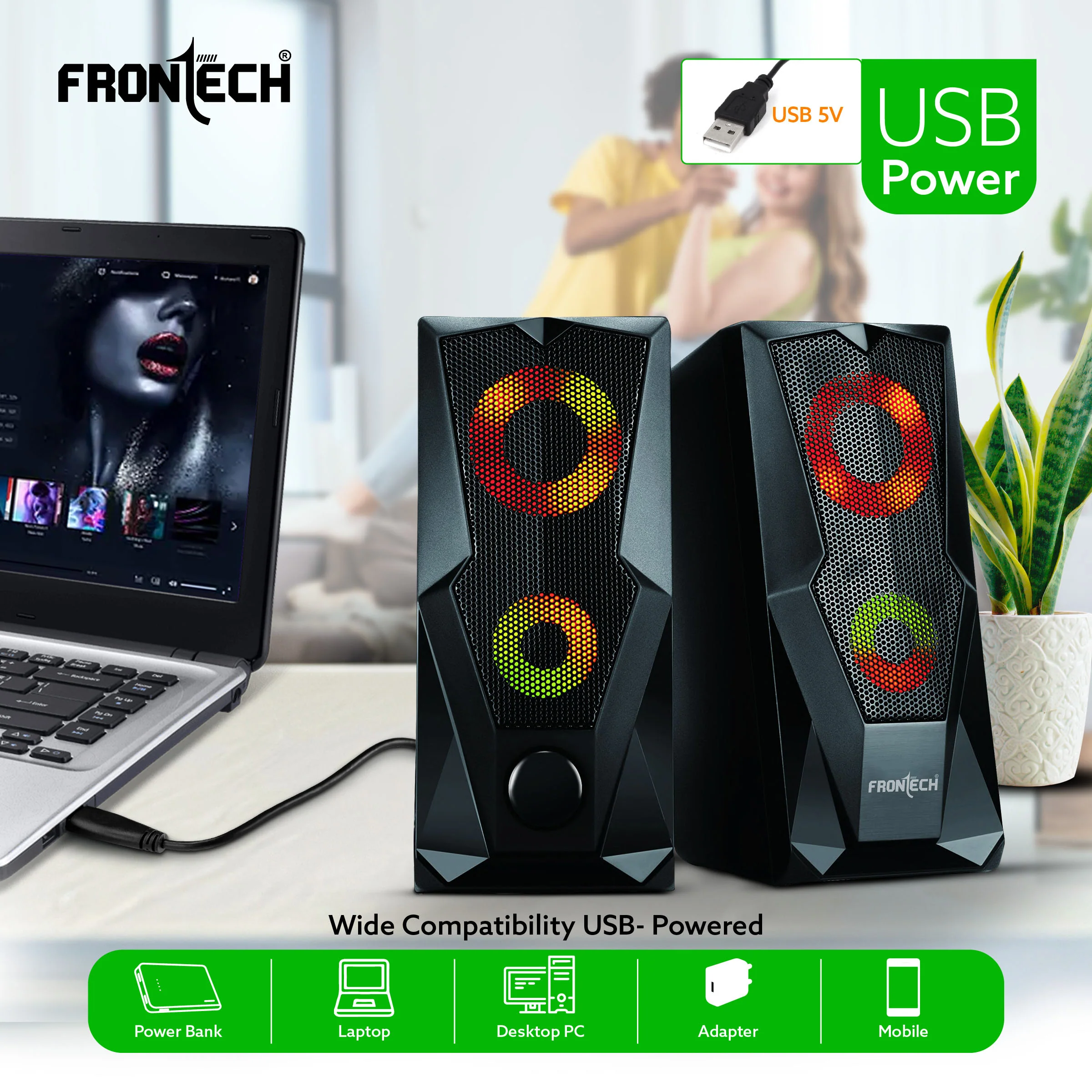 Frontech 2.0 Channel Multimedia Speakers – 12W | USB Powered | RGB Lighting | 3.5mm AUX | 1 Year Warranty (SPK-0013) - Image 3