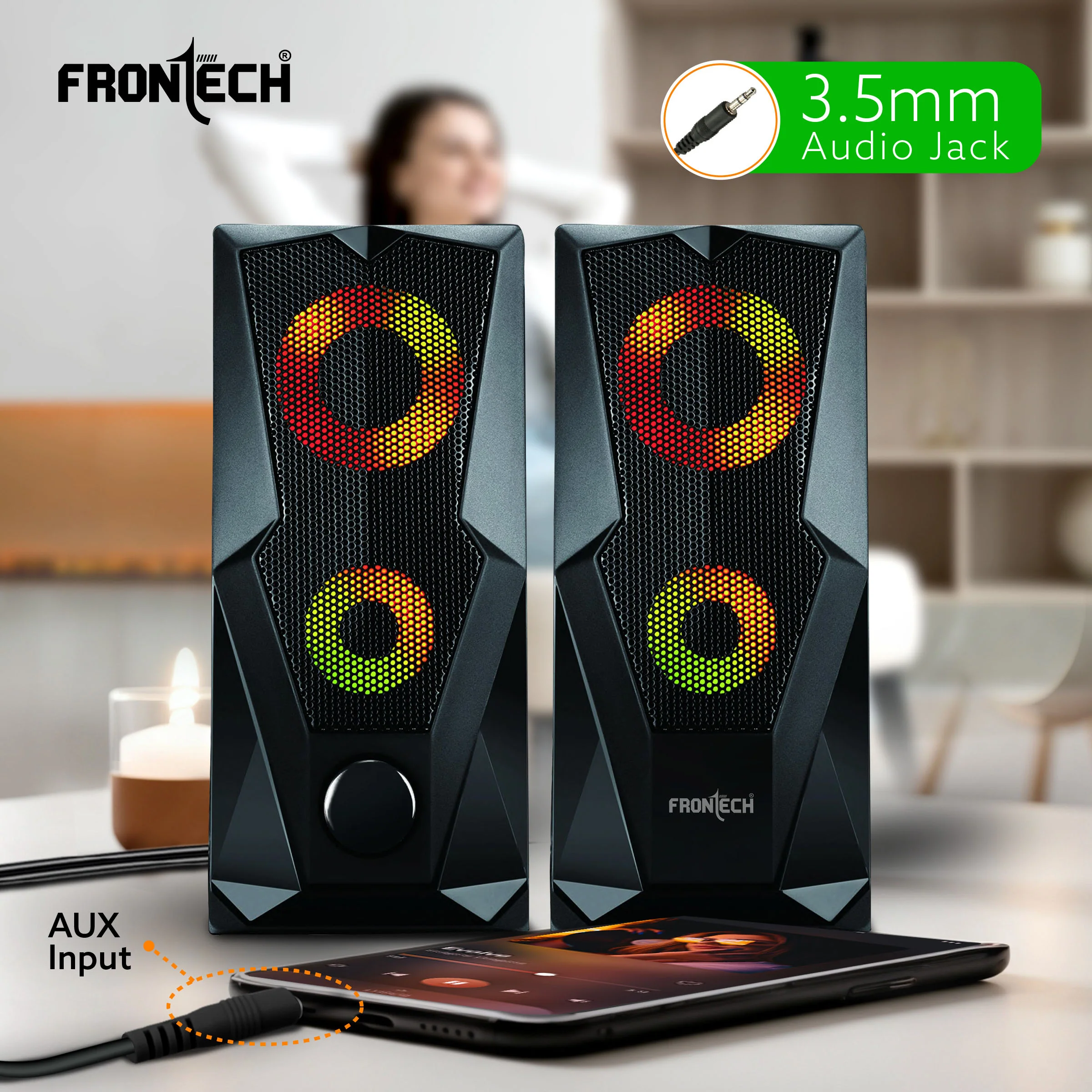 Frontech 2.0 Channel Multimedia Speakers – 12W | USB Powered | RGB Lighting | 3.5mm AUX | 1 Year Warranty (SPK-0013) - Image 4