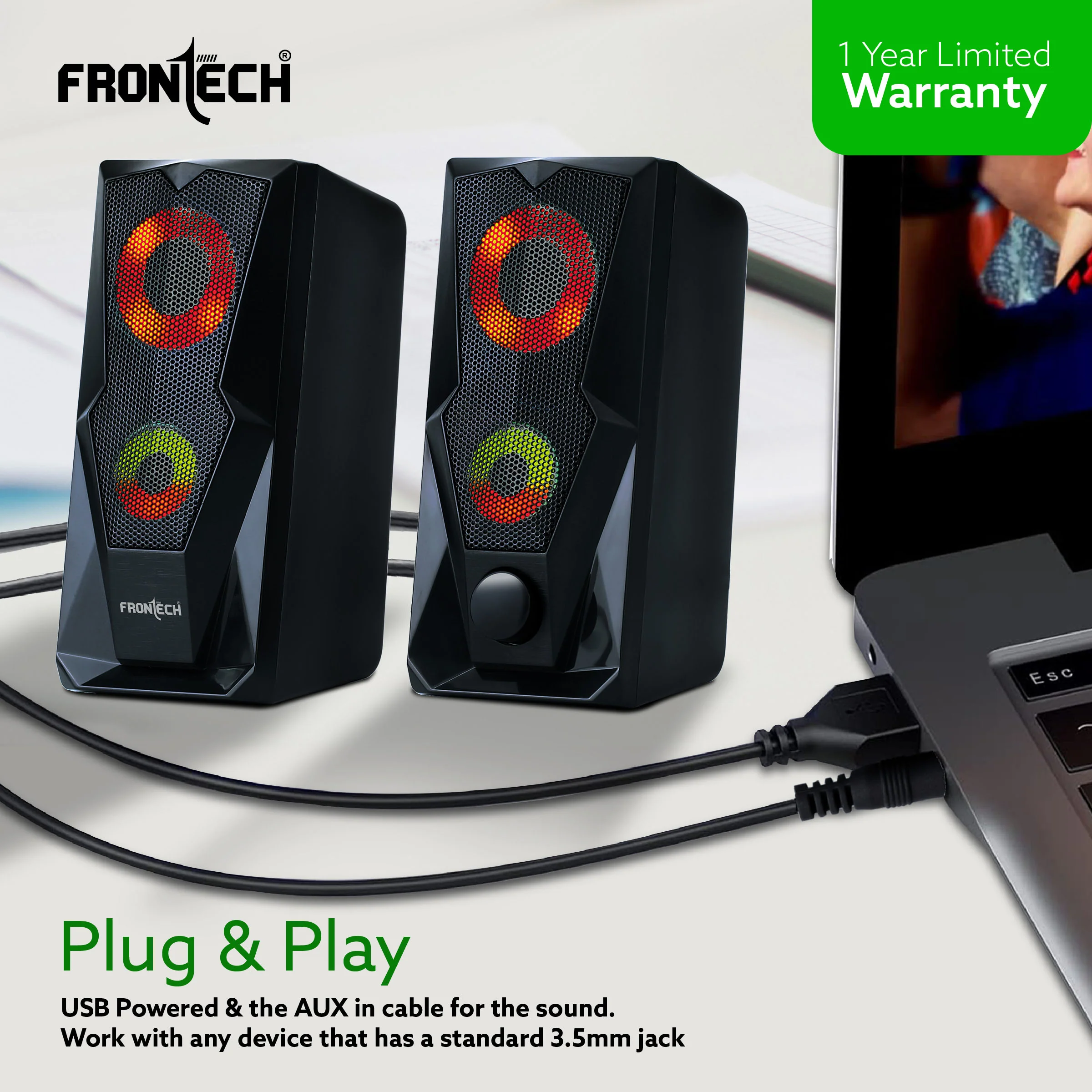 Frontech 2.0 Channel Multimedia Speakers – 12W | USB Powered | RGB Lighting | 3.5mm AUX | 1 Year Warranty (SPK-0013) - Image 7