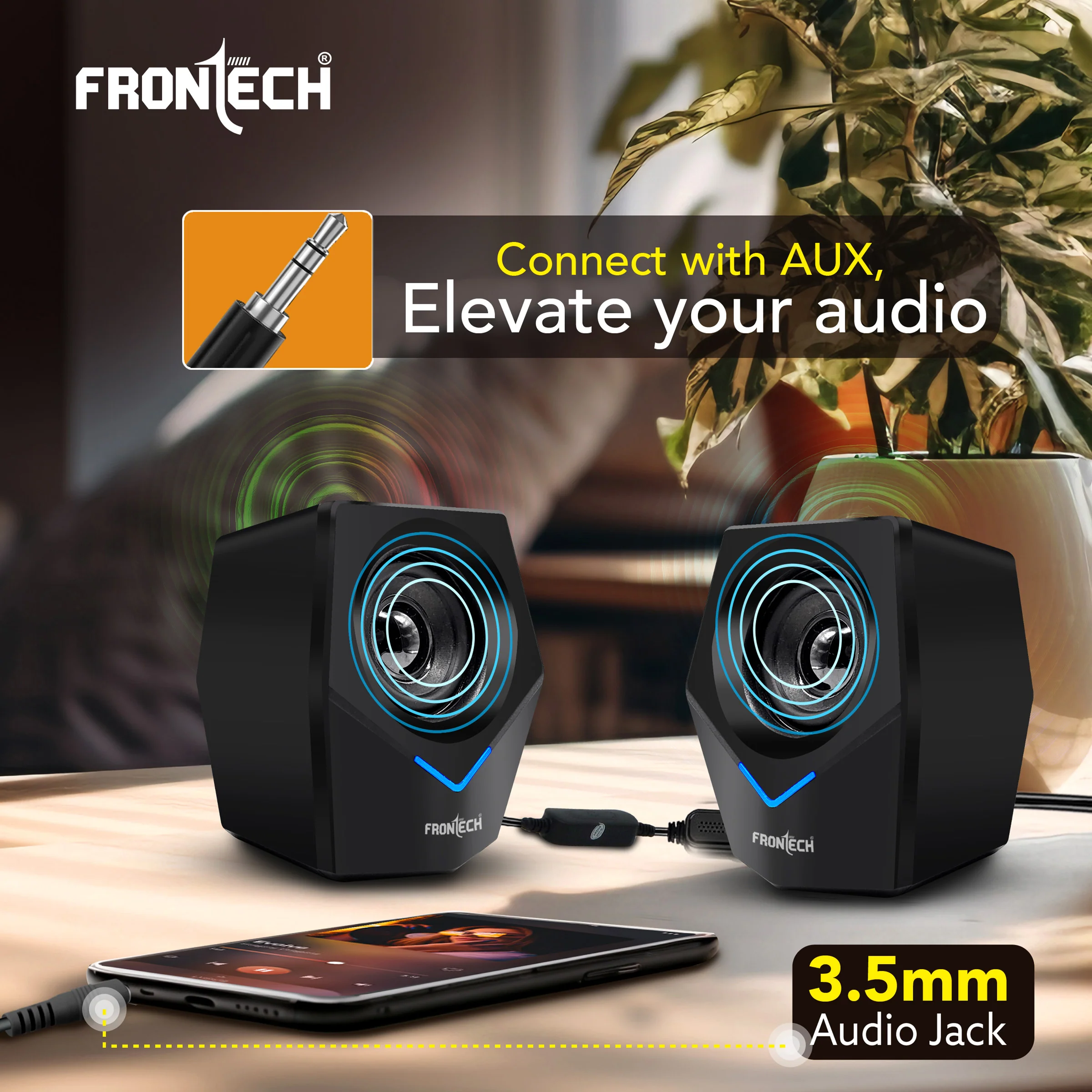 Frontech 2.0 Multimedia Speakers: 10W USB-Powered PC/Laptop/Mobile Speakers with 3.5mm AUX & Blue LED Lighting. (SPK-0011) - Image 4