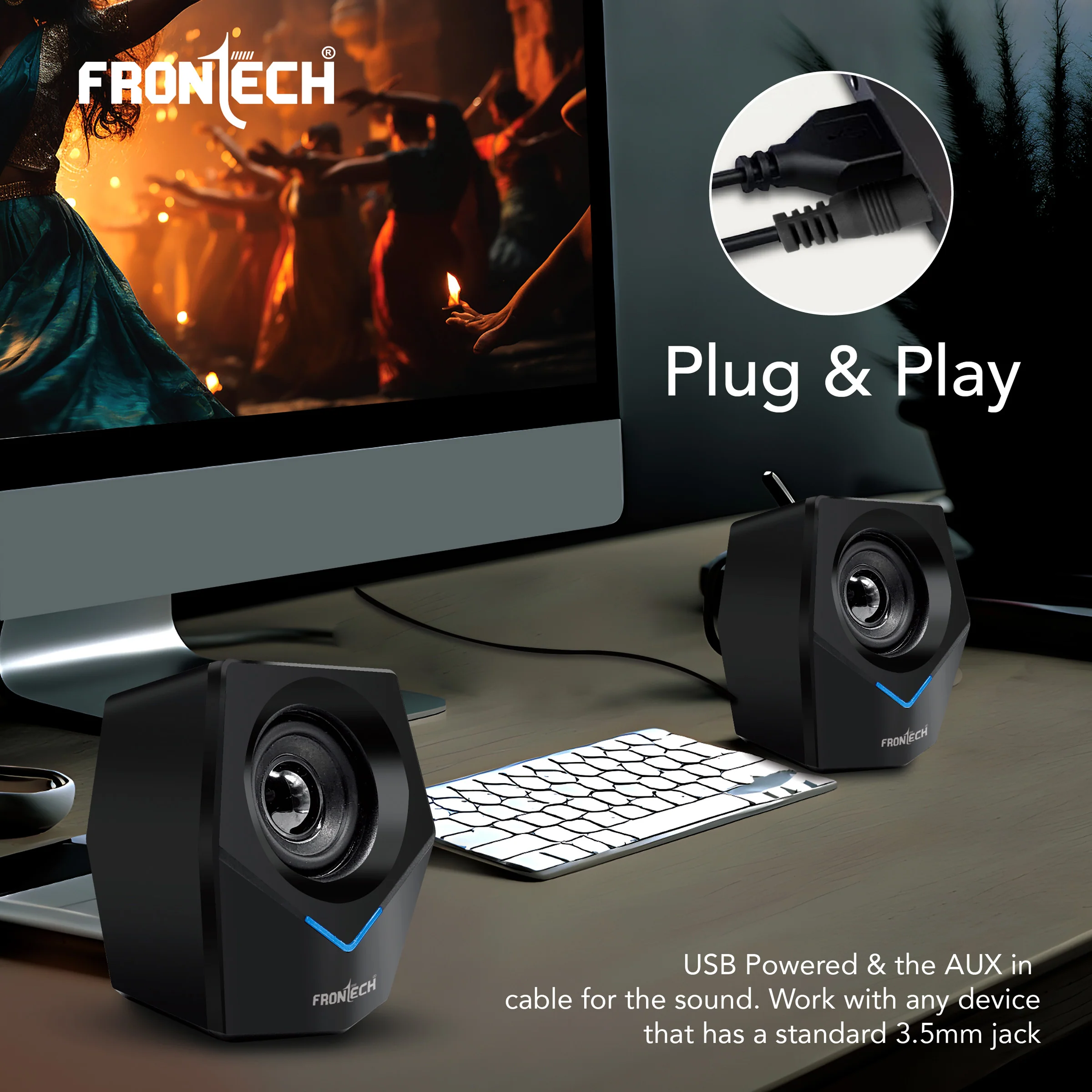 Frontech 2.0 Multimedia Speakers: 10W USB-Powered PC/Laptop/Mobile Speakers with 3.5mm AUX & Blue LED Lighting. (SPK-0011) - Image 5