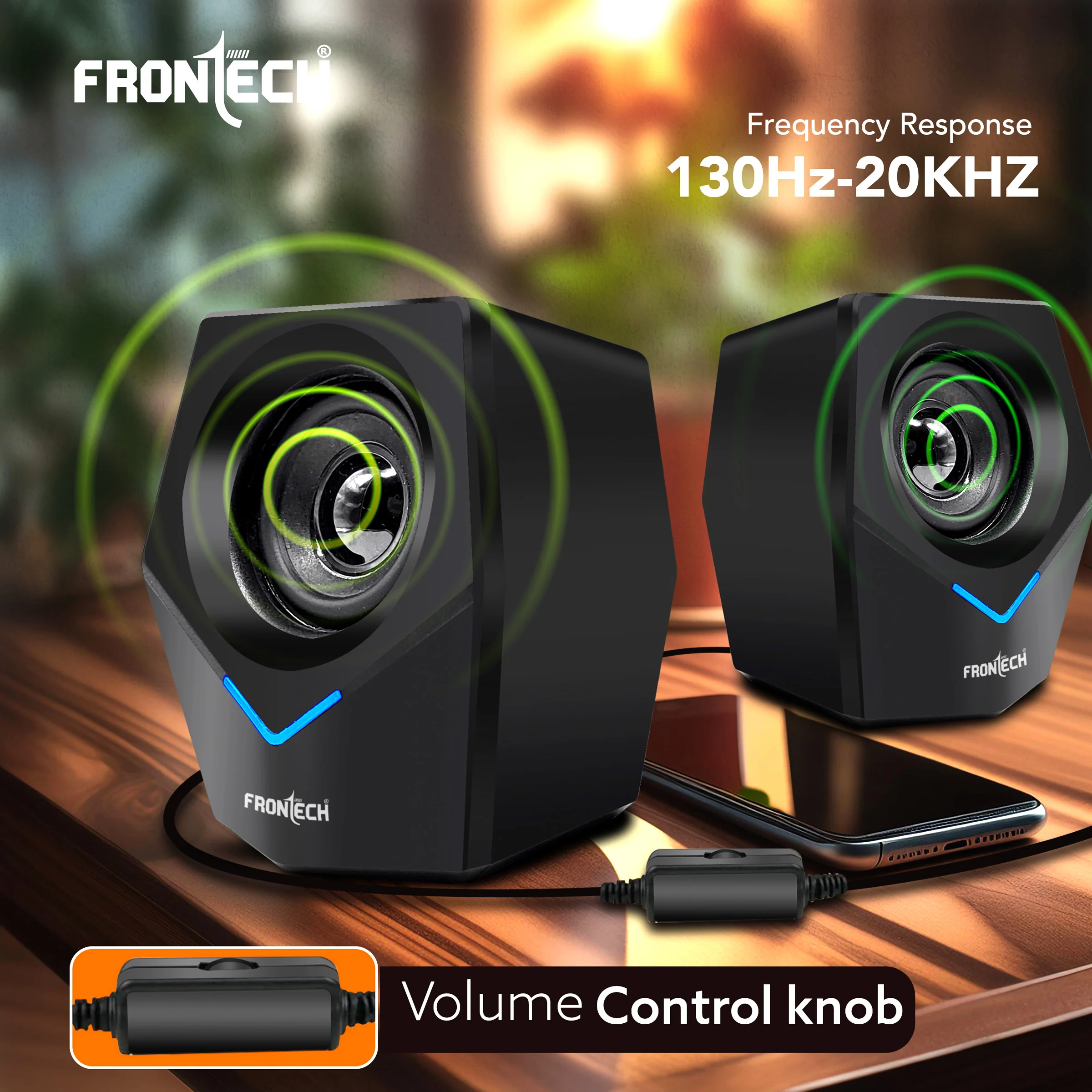 Frontech 2.0 Multimedia Speakers: 10W USB-Powered PC/Laptop/Mobile Speakers with 3.5mm AUX & Blue LED Lighting. (SPK-0011) - Image 6