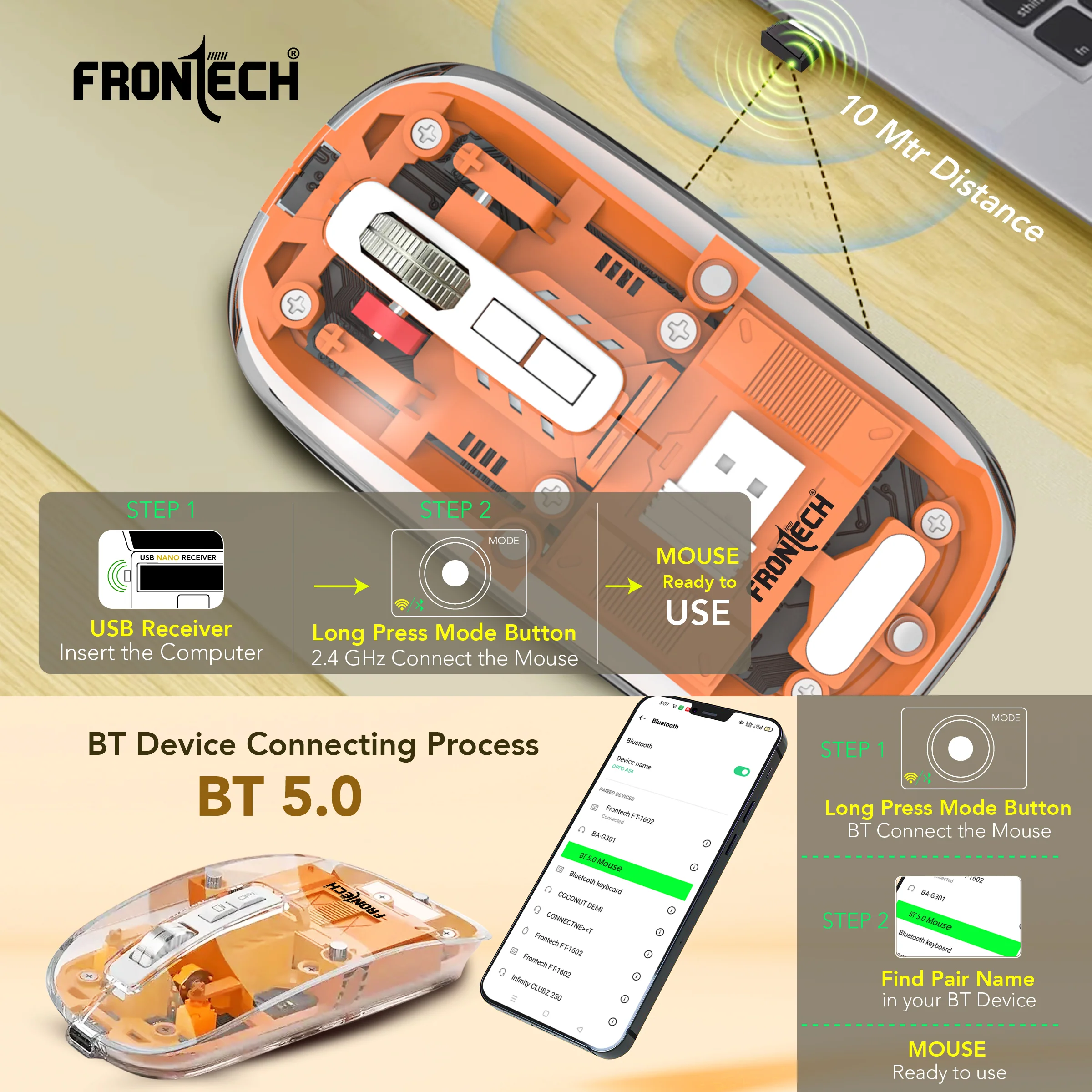Frontech Wireless Transparent Bluetooth Mouse|2.4Ghz|3200 DPI| 300mAh Rechargeable Battery|5 Button Mouse|1 Year Warranty - Image 4