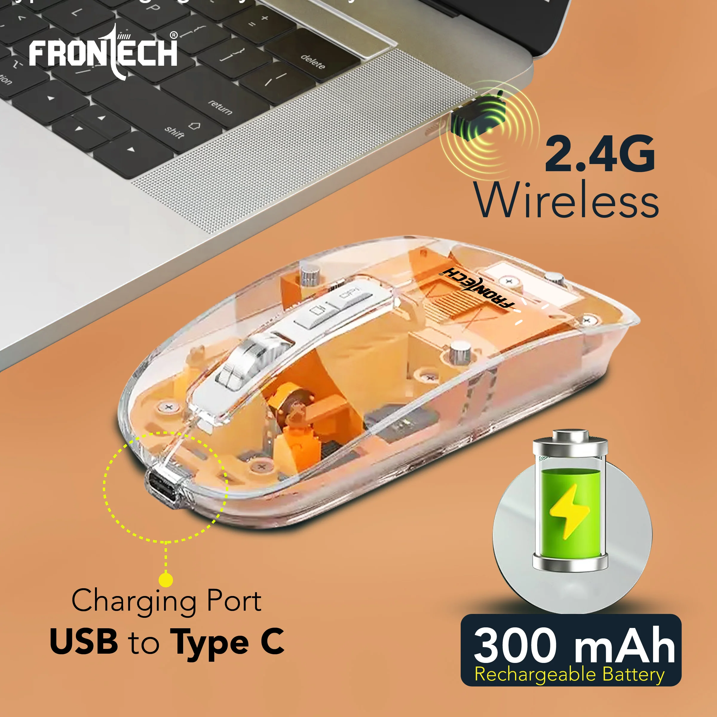 Frontech Wireless Transparent Bluetooth Mouse|2.4Ghz|3200 DPI| 300mAh Rechargeable Battery|5 Button Mouse|1 Year Warranty - Image 5
