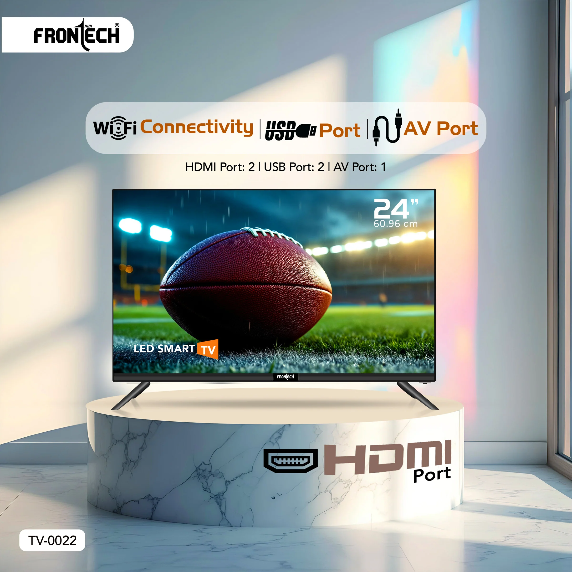 Frontech 24-Inch HD Ready LED Smart TV | 1366x768p Resolution | Dual 10W Speakers | Wi-Fi | HDMI/USB/AV Ports | IR Remote | Wall Mountable | AOSP OS (TV-0022) - Image 6