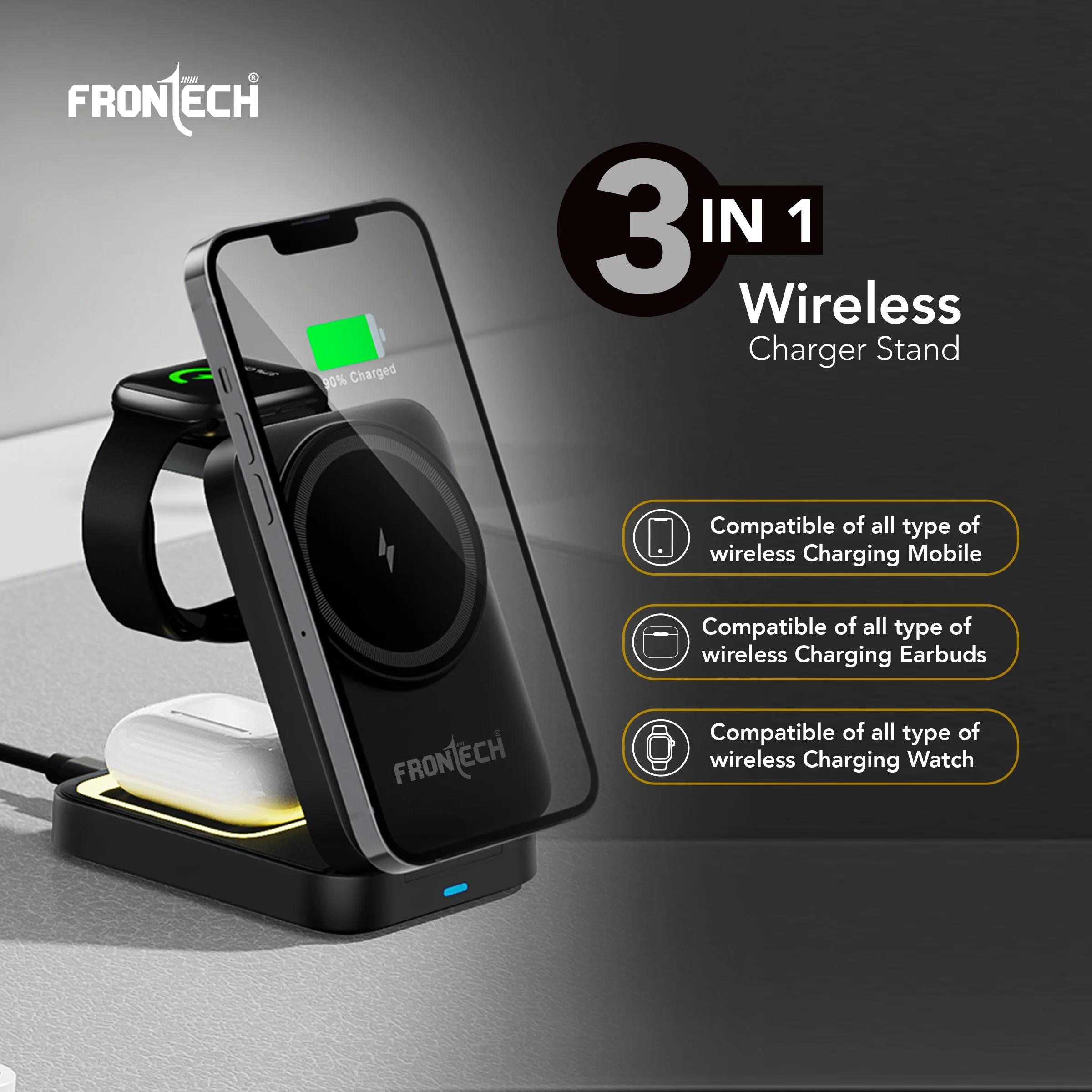 Frontech 3-in-1 Magnetic Wireless Charger with Night Light, Fast Charging, Type-C Input, for iPhone, AirPods & Apple Watch – ABS + Silicone Build, Foldable Stand Design (CCH-0017B) - Image 6