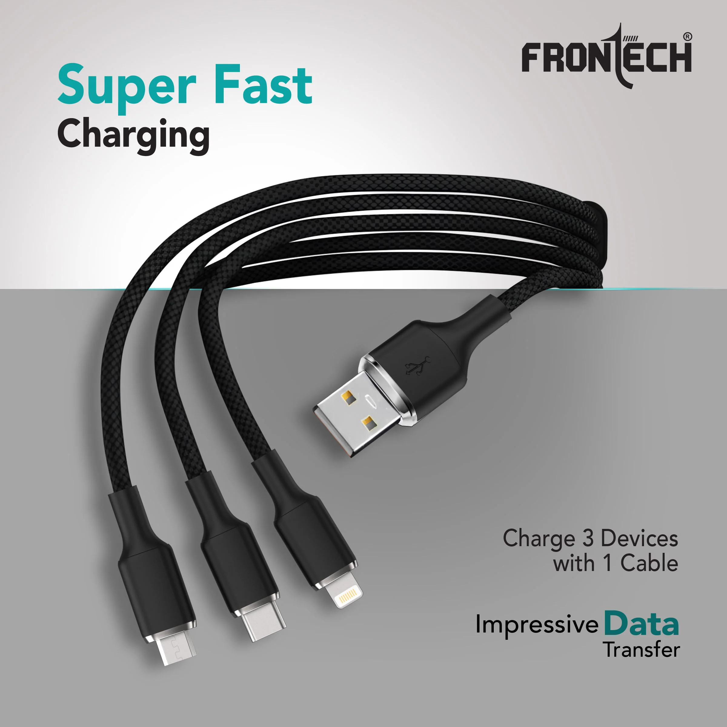 Frontech 3-in-1 Super Fast USB Data Cable | 3.0A Fast Charging & Data Transfer | Lightning + Type-C + Micro USB Port| 1.2 Meter Braided Cable | Safe Smart Chip Protection (Black) (FT-1044) - Image 3