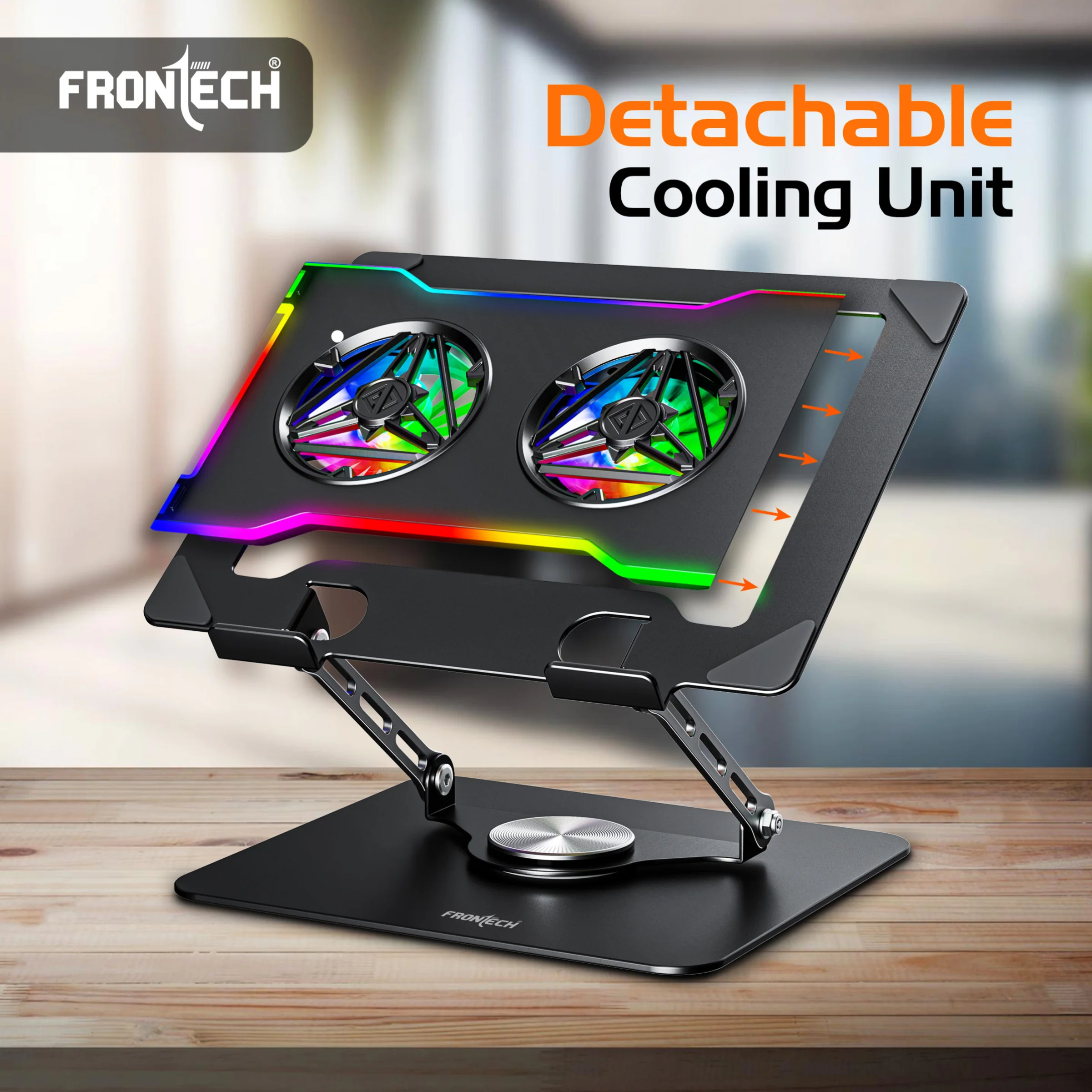 Frontech 360° Rotating Laptop Cooling Stand | 2x65 mm RGB Detachable Fan | For Laptop Up to 17" | USB+Type C Powered | Heat Dissipation Design | 1 Year Warranty (CP-0015) - Image 3