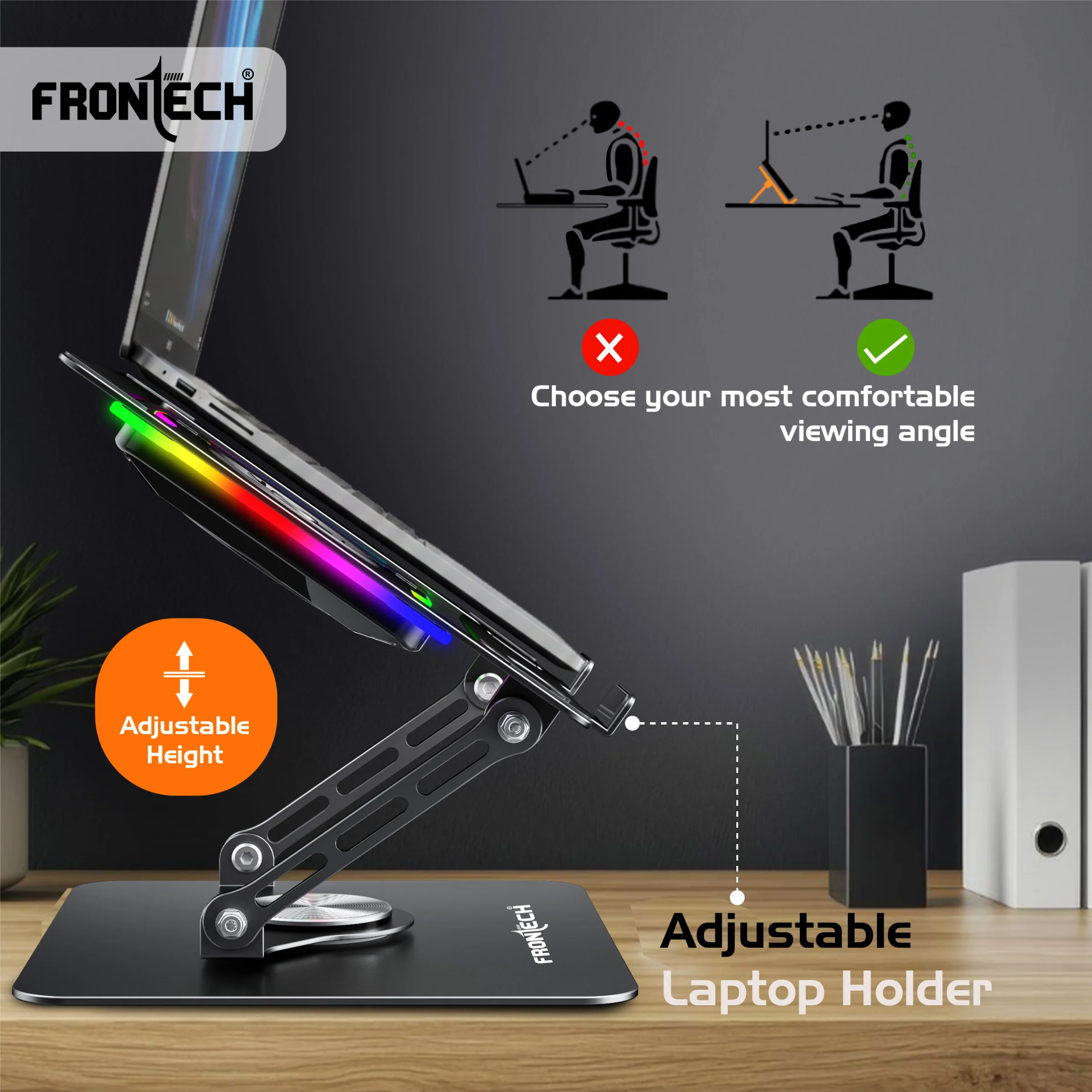 Frontech 360° Rotating Laptop Cooling Stand | 2x65 mm RGB Detachable Fan | For Laptop Up to 17" | USB+Type C Powered | Heat Dissipation Design | 1 Year Warranty (CP-0015) - Image 5