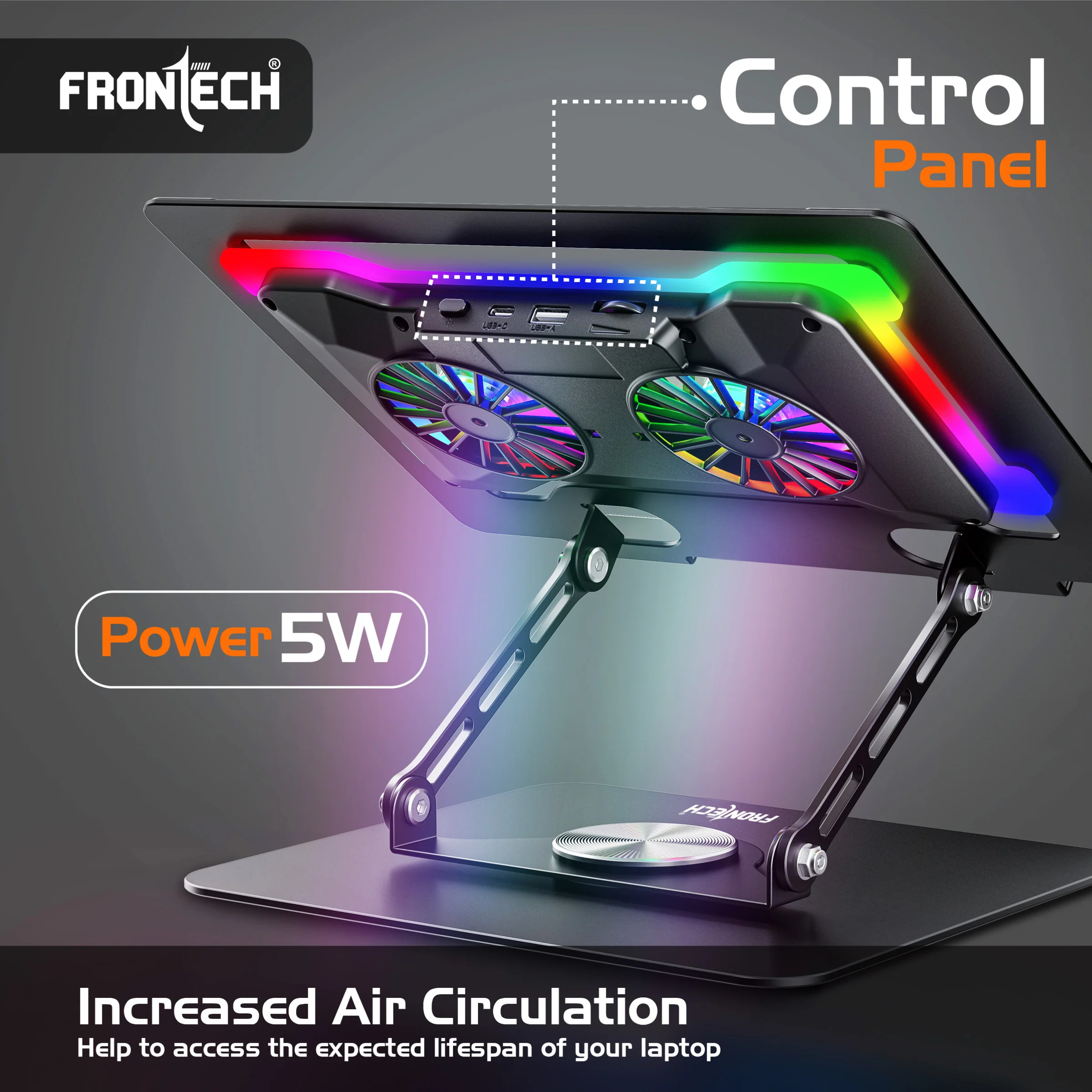 Frontech 360° Rotating Laptop Cooling Stand | 2x65 mm RGB Detachable Fan | For Laptop Up to 17" | USB+Type C Powered | Heat Dissipation Design | 1 Year Warranty (CP-0015) - Image 7