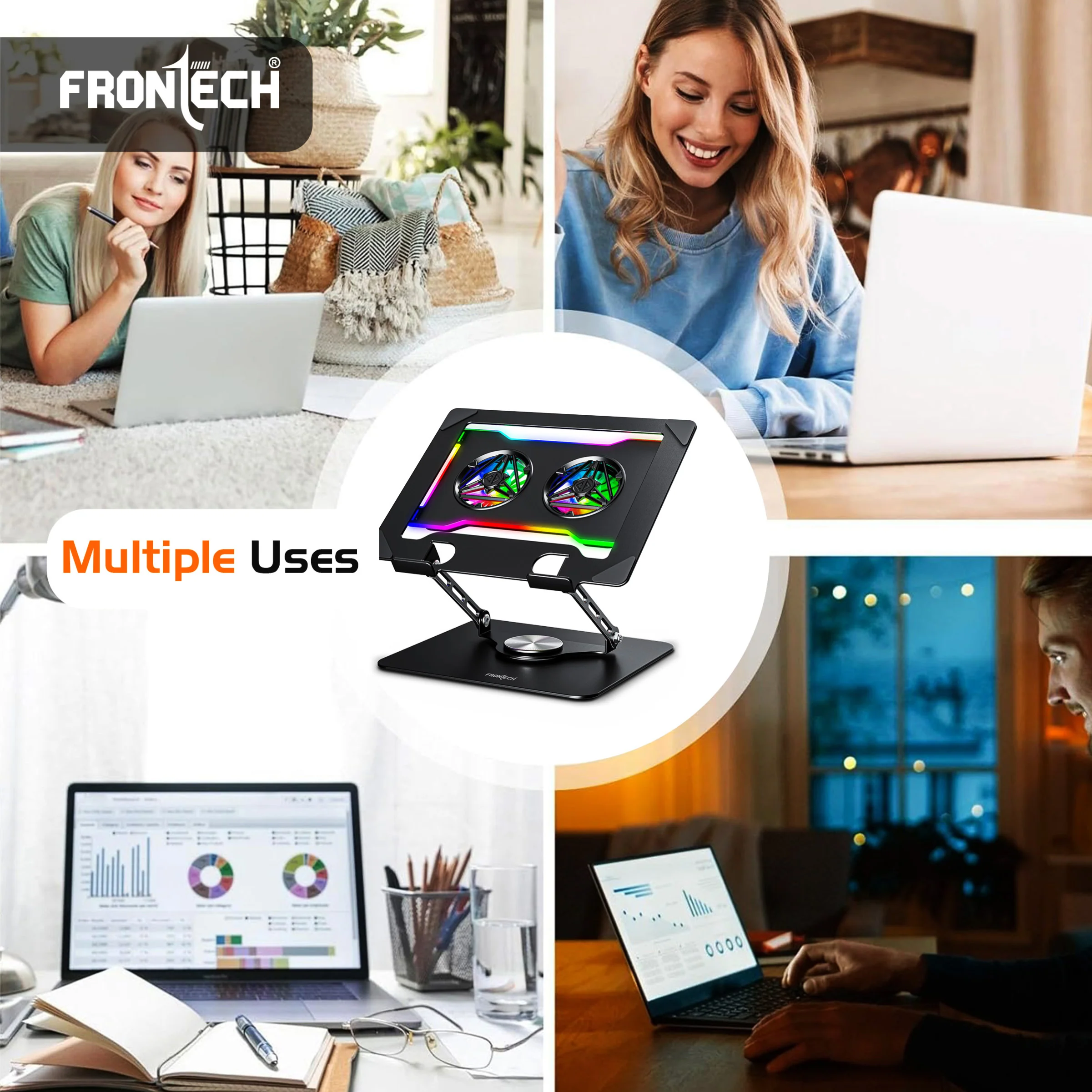 Frontech 360° Rotating Laptop Cooling Stand | 2x65 mm RGB Detachable Fan | For Laptop Up to 17" | USB+Type C Powered | Heat Dissipation Design | 1 Year Warranty (CP-0015) - Image 8
