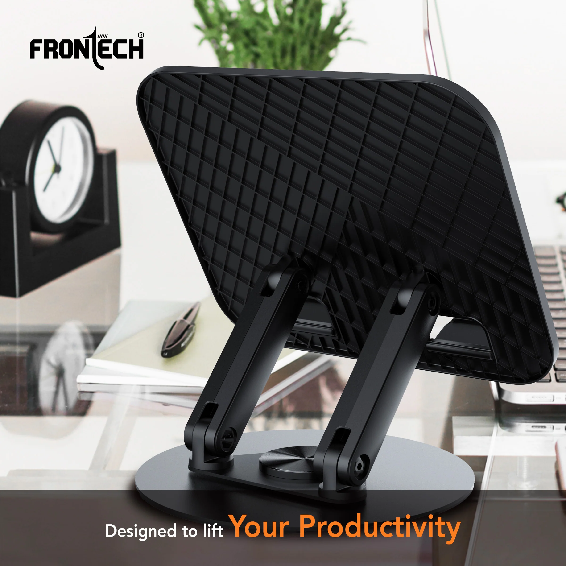 Frontech 360° Rotating Laptop Stand — Step-Less Adjustable Height, Carbon Steel + ABS Build, Fits Up to 17", Portable & Durable - Black, (CP-0011) - Image 4