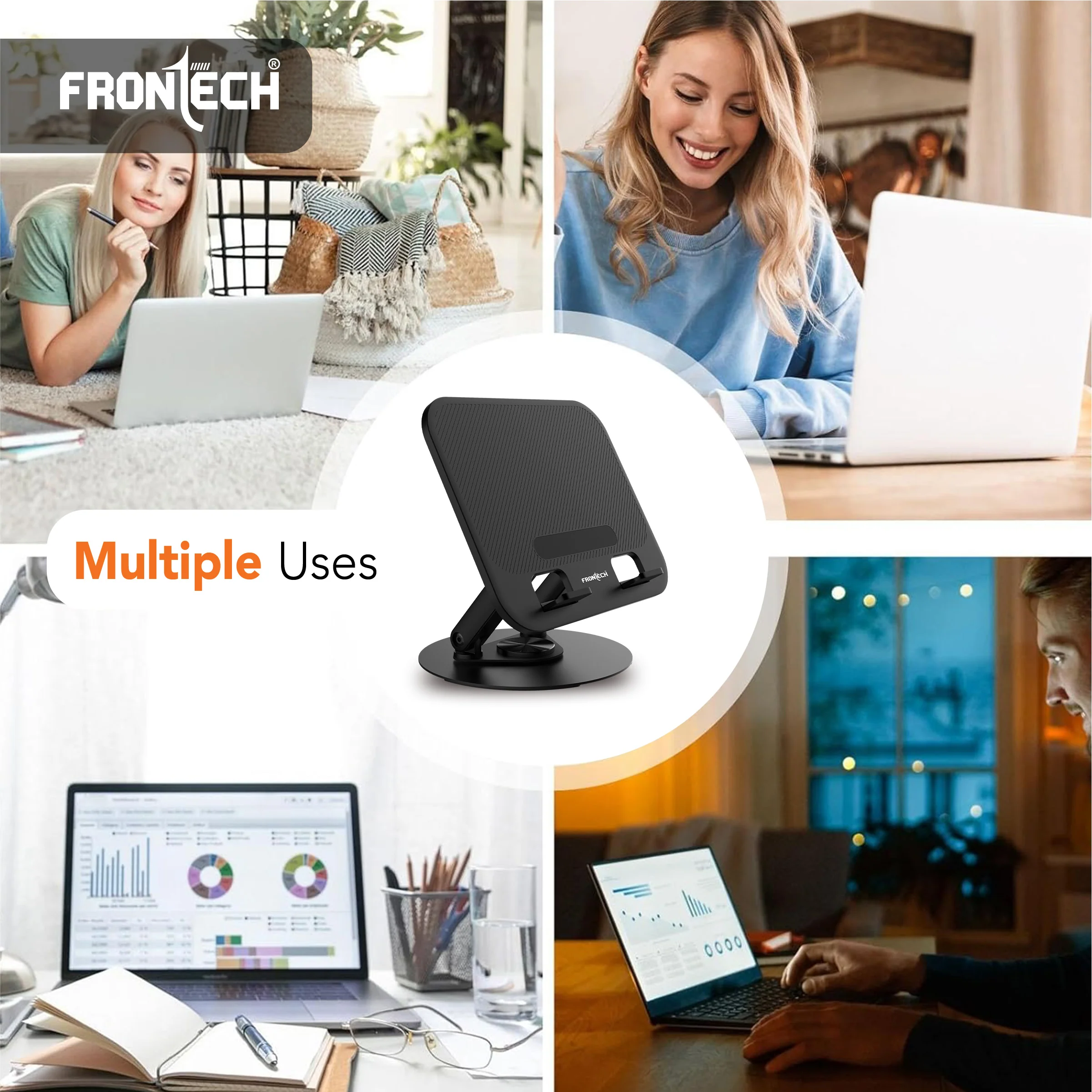 Frontech 360° Rotating Laptop Stand — Step-Less Adjustable Height, Carbon Steel + ABS Build, Fits Up to 17", Portable & Durable - Black, (CP-0011) - Image 5