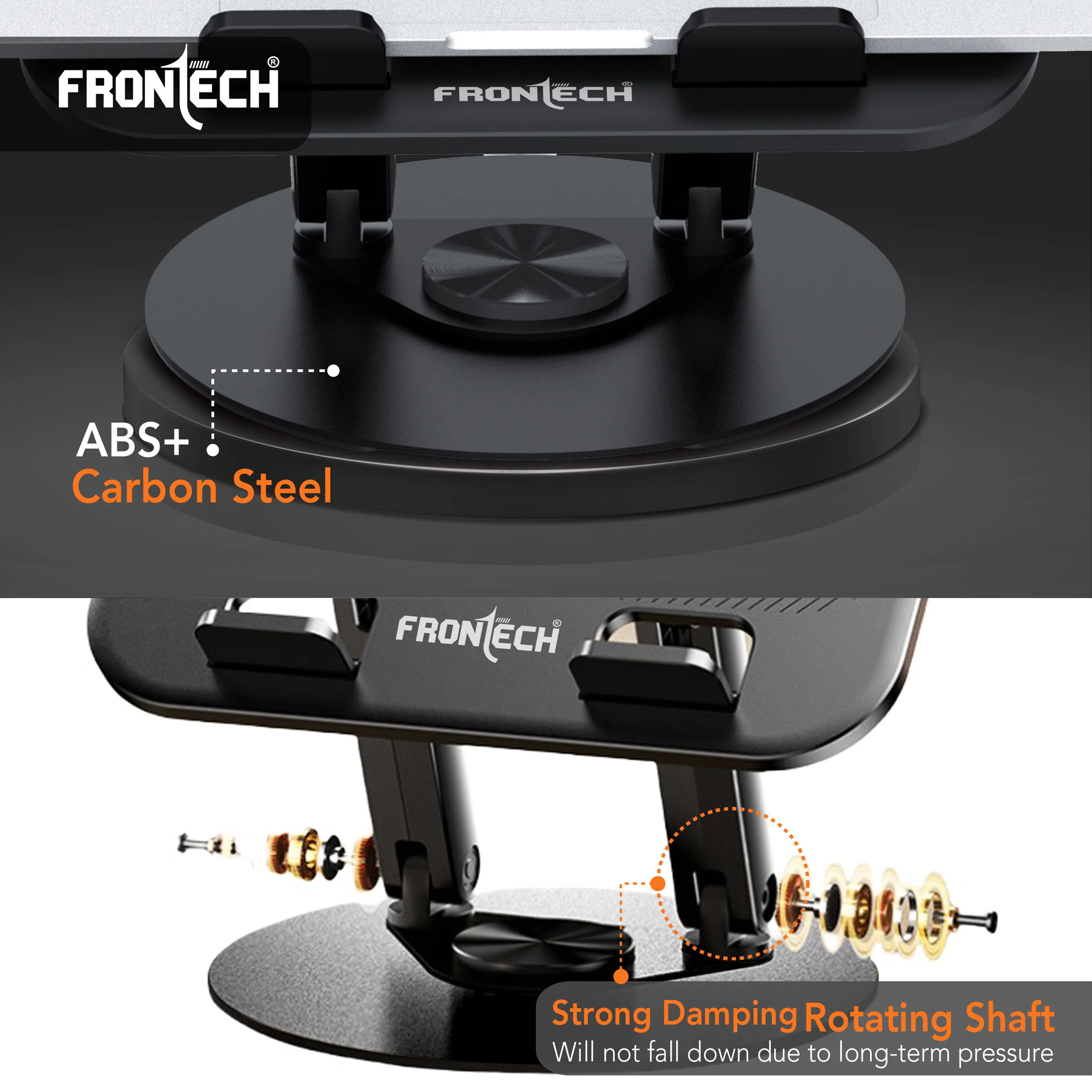 Frontech 360° Rotating Laptop Stand — Step-Less Adjustable Height, Carbon Steel + ABS Build, Fits Up to 17", Portable & Durable - Black, (CP-0011) - Image 6