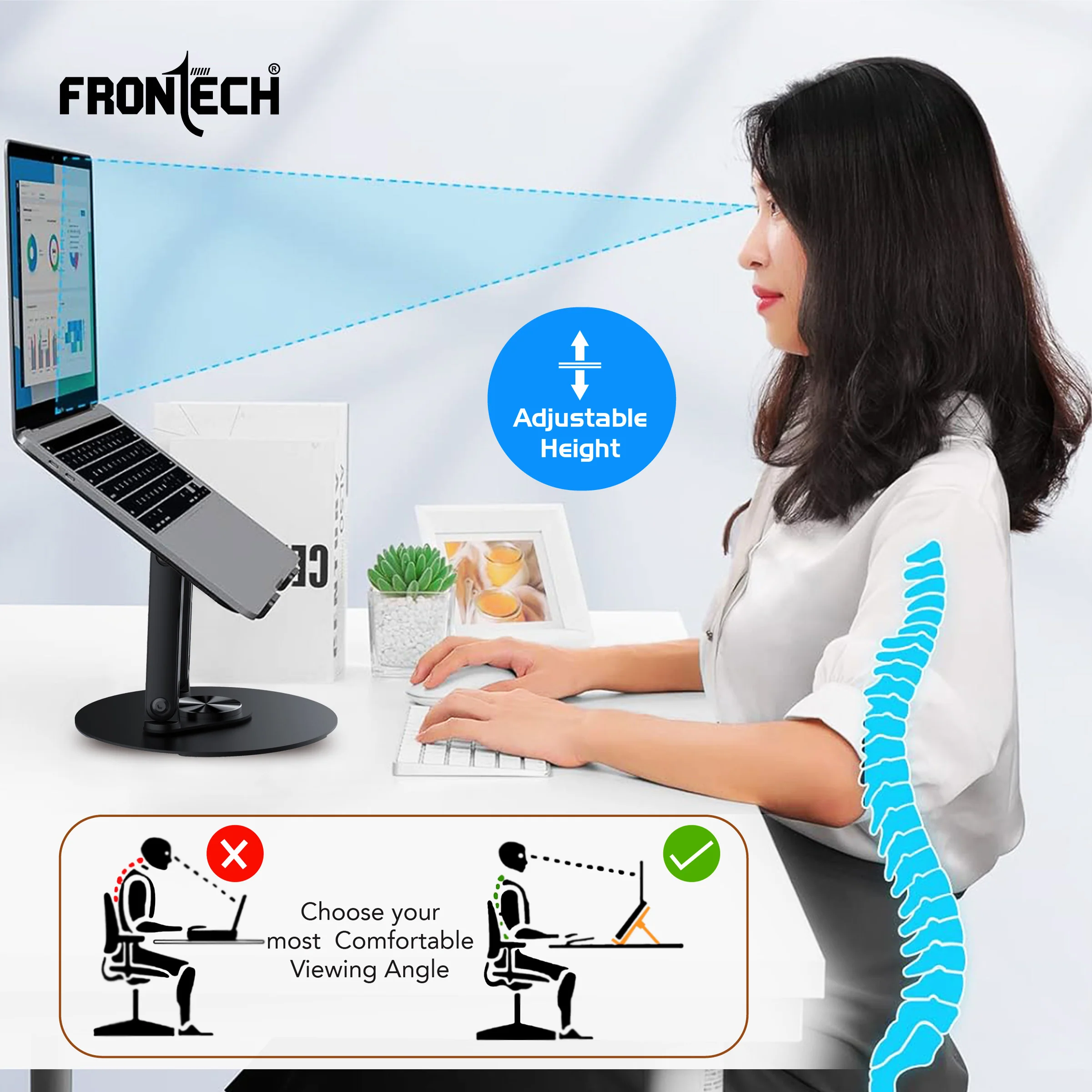 Frontech 360° Rotating Laptop Stand — Step-Less Adjustable Height, Carbon Steel + ABS Build, Fits Up to 17", Portable & Durable - Black, (CP-0011) - Image 8