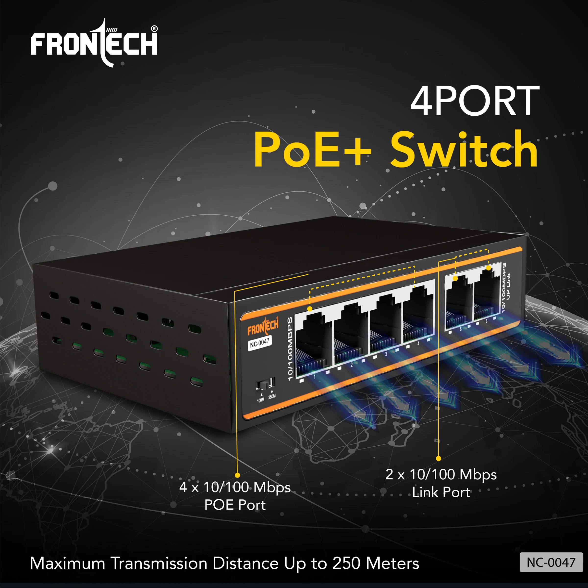 Frontech 4-Port PoE+ Switch | 6-Port 10/100 Mbps Ethernet Network Switch with 72W PoE Budget, 2 Uplink Ports, 250m Transmission, Plug & Play, Wall Mount | 2-Year Warranty (NC-0047) - Image 3
