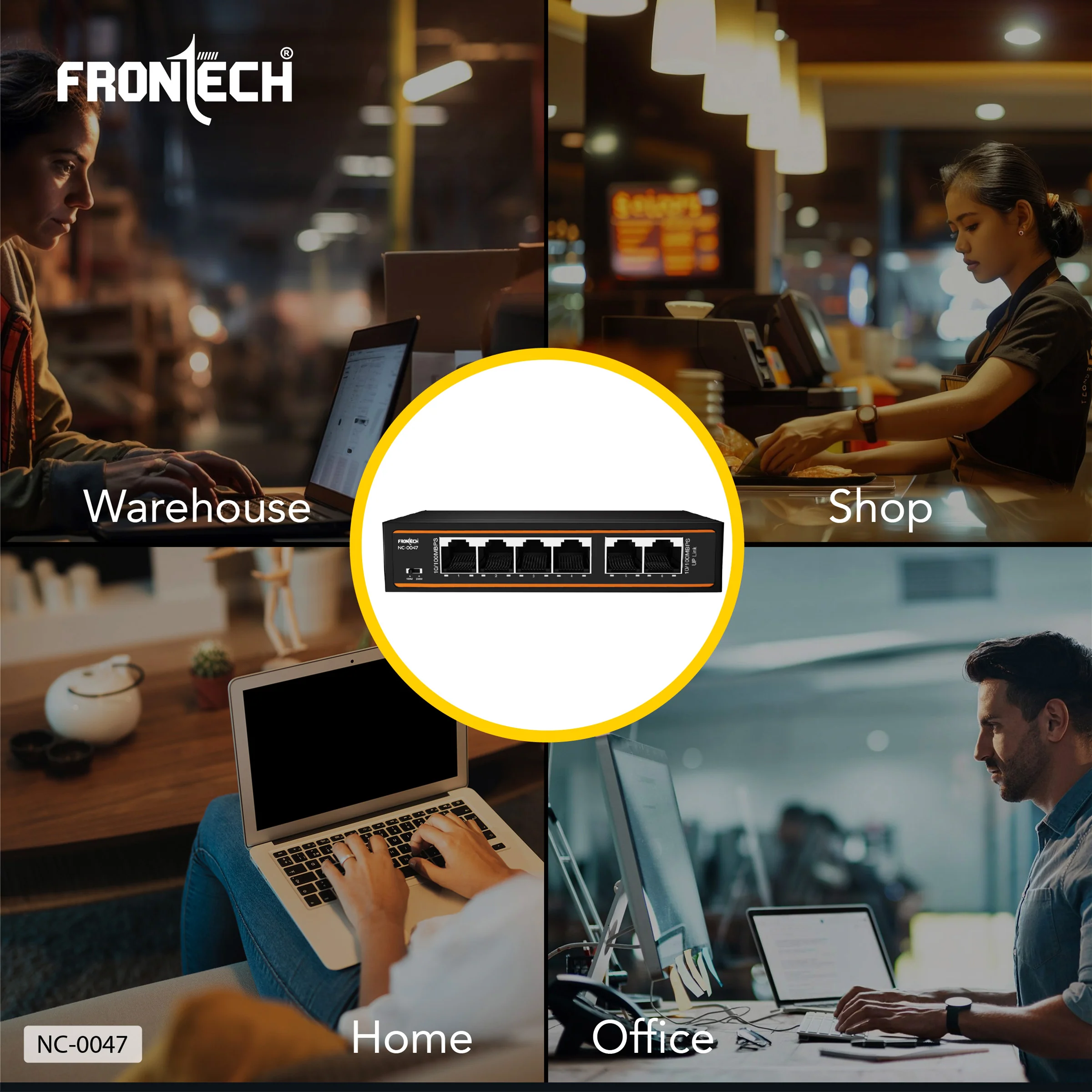 Frontech 4-Port PoE+ Switch | 6-Port 10/100 Mbps Ethernet Network Switch with 72W PoE Budget, 2 Uplink Ports, 250m Transmission, Plug & Play, Wall Mount | 2-Year Warranty (NC-0047) - Image 5