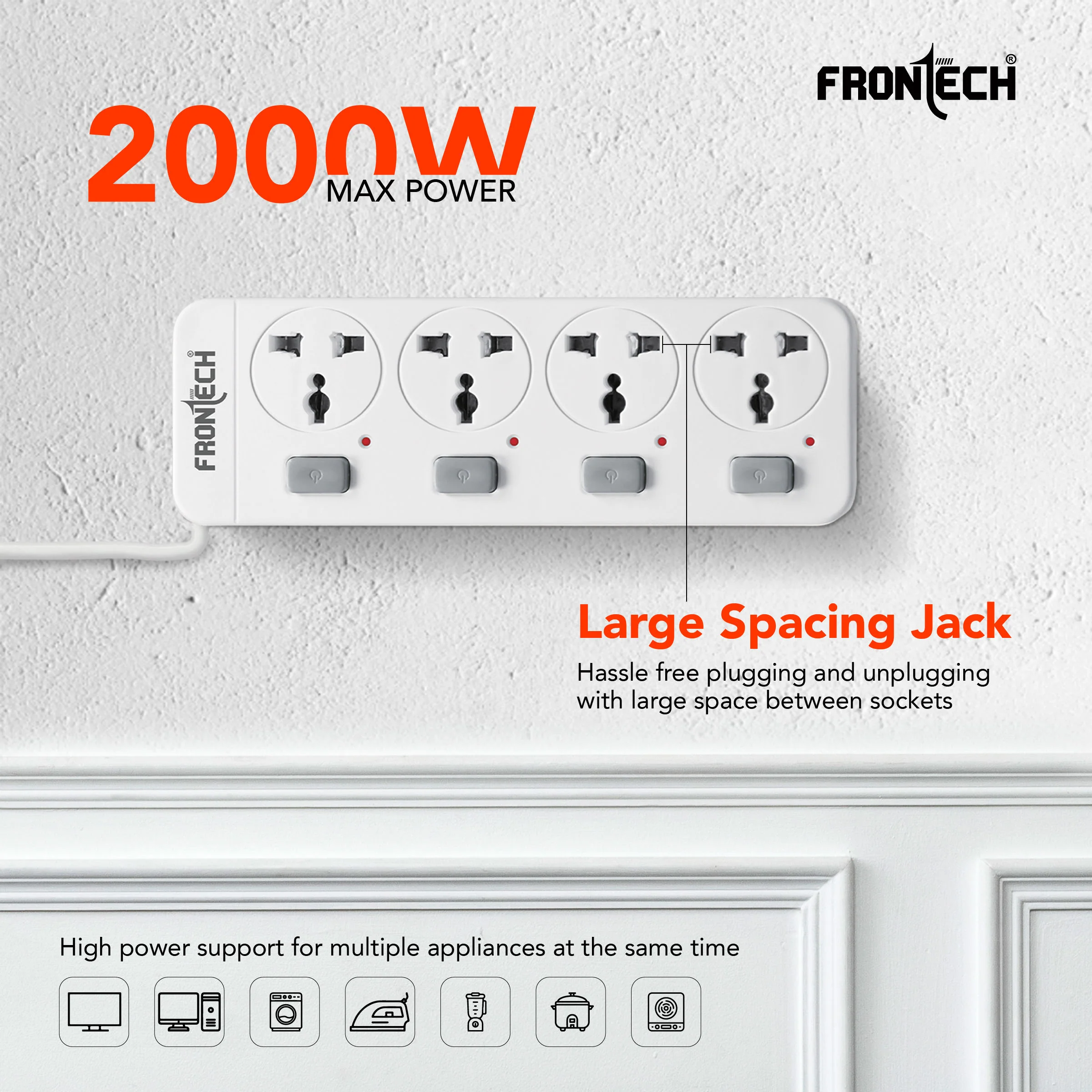 Frontech 4-Way Power Extension Socket | 2000W Heavy-Duty Power Strip | Individual Switches with LED Indicators | Universal Sockets | 3M Copper Cable | Fire-Resistant Body | 1 Year Warranty (FT-3565) - Image 3