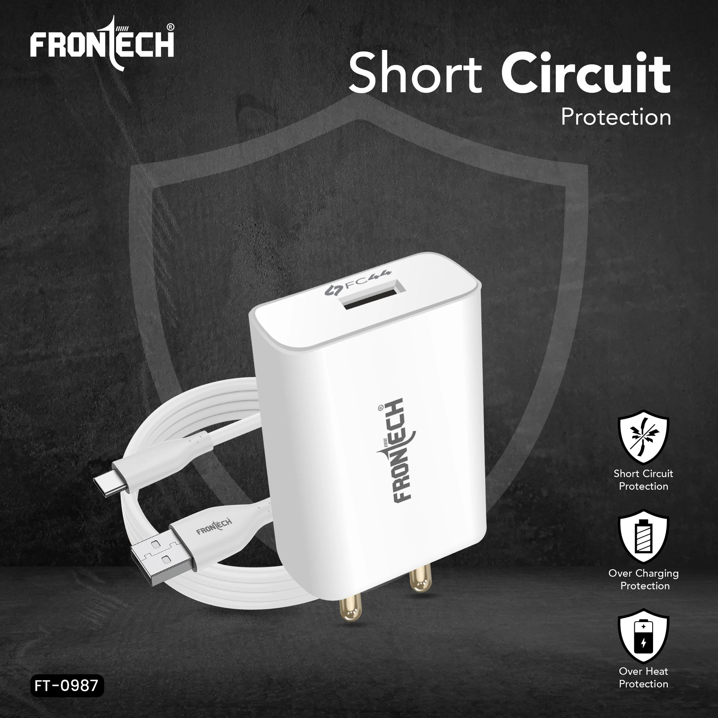 Frontech 44W FC Charger with Type-C Cable | Fast Charging Adapter with Smart Chip & Multi-Protection for Smartphones & Tablets(FT-0987) - Image 6