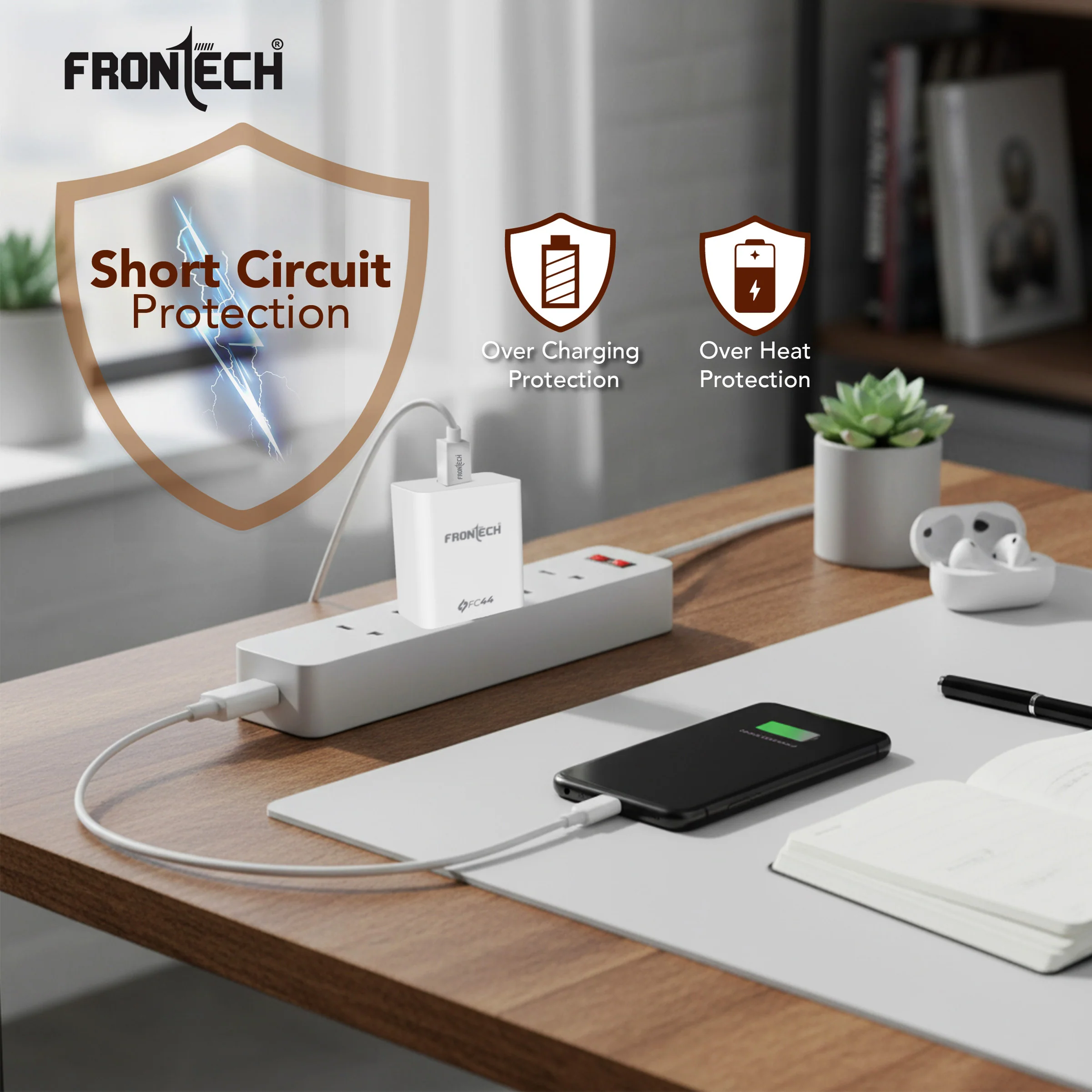 Frontech 44W Flash Charger | USB to Type-C Fast Charging | Smart Chip Protection | 1M Type-C Cable Included | Universal Compatibility (MCH-0027) - Image 5