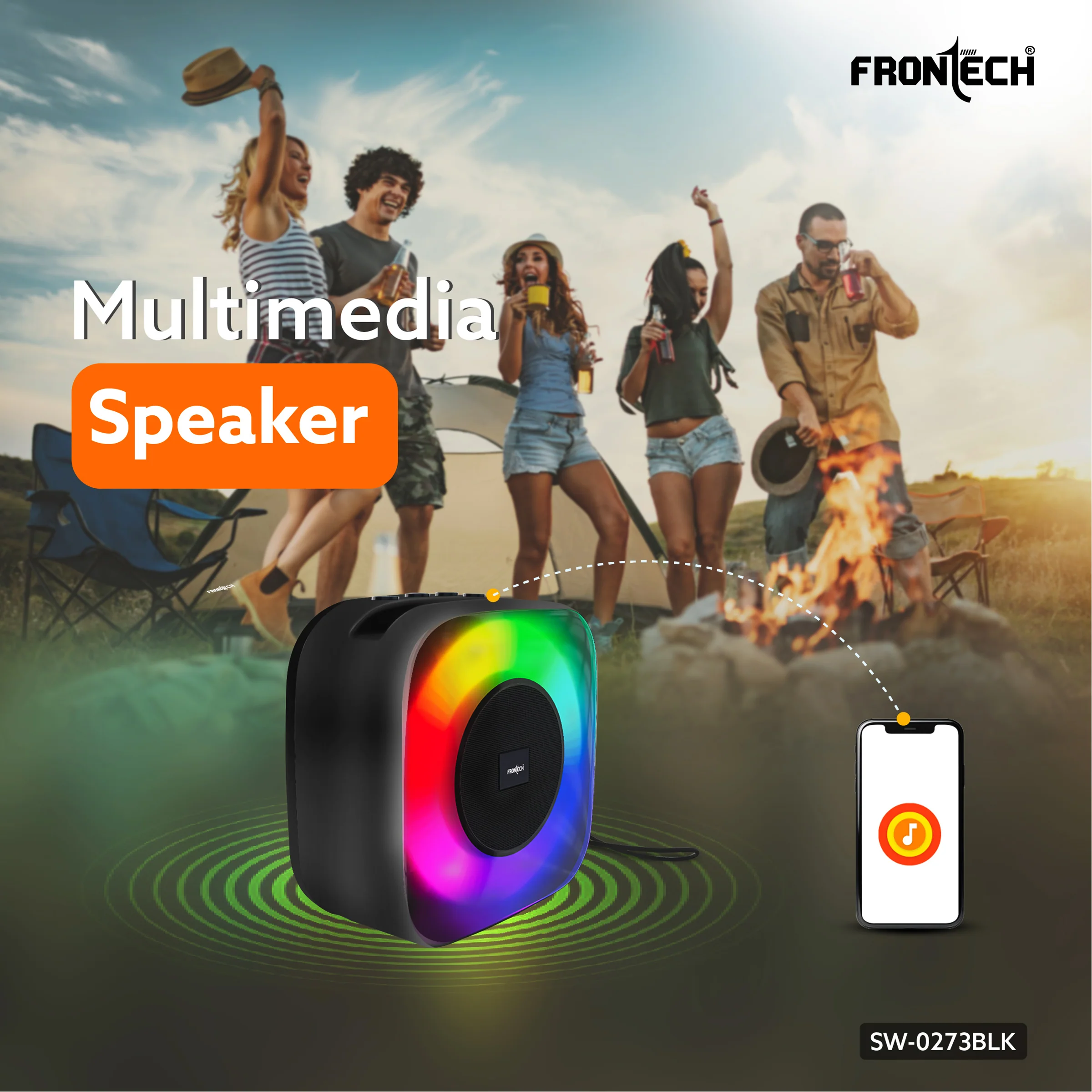 Frontech 15W Portable Wireless Multimedia Speaker with Bluetooth 5.3, FM, USB, TF Card, Mobile Holder, RGB LED Lights, 6 Hrs Playback, 1000mAh Battery, 1 Year Warranty (SW-0273BLK) - Image 2
