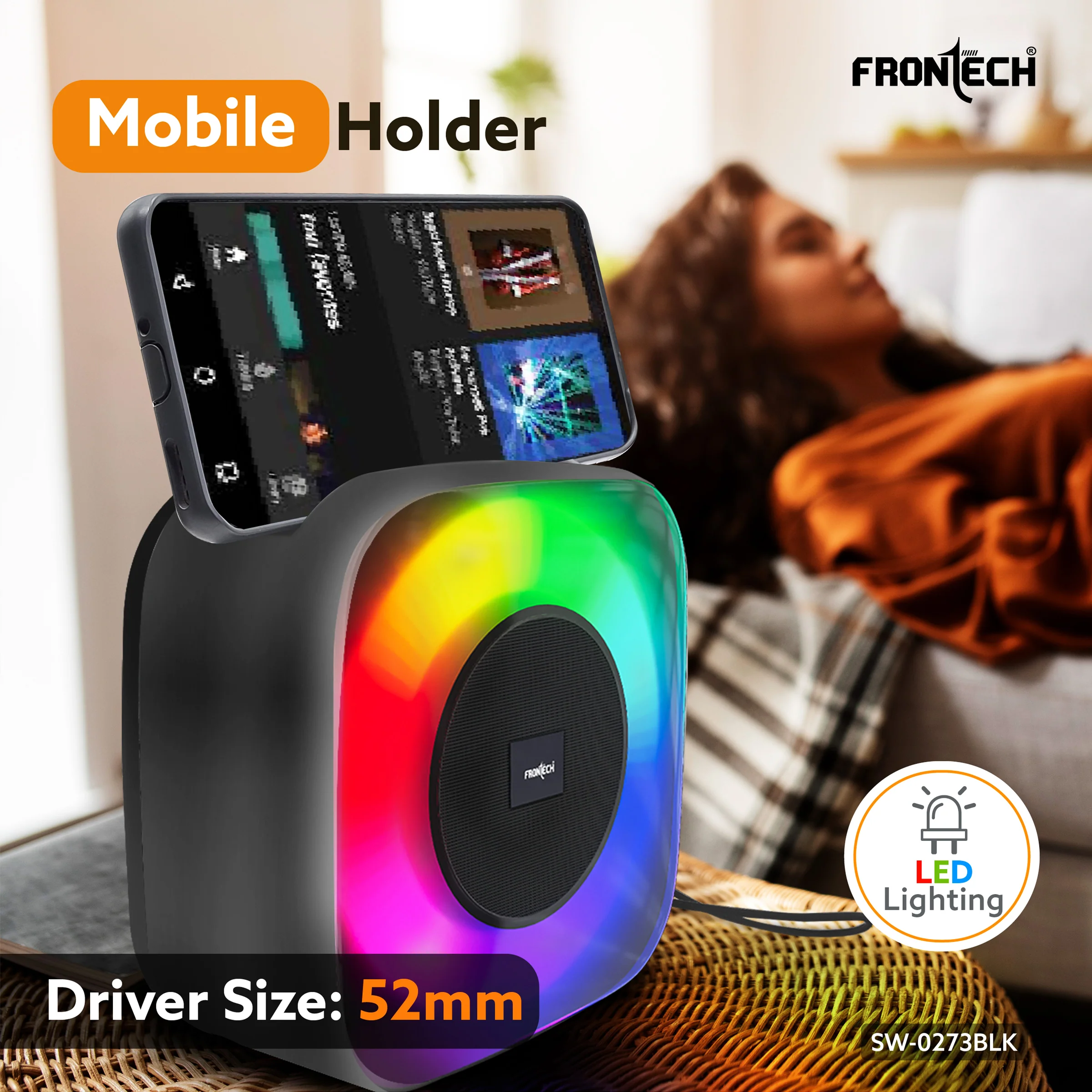 Frontech 15W Portable Wireless Multimedia Speaker with Bluetooth 5.3, FM, USB, TF Card, Mobile Holder, RGB LED Lights, 6 Hrs Playback, 1000mAh Battery, 1 Year Warranty (SW-0273BLK) - Image 3