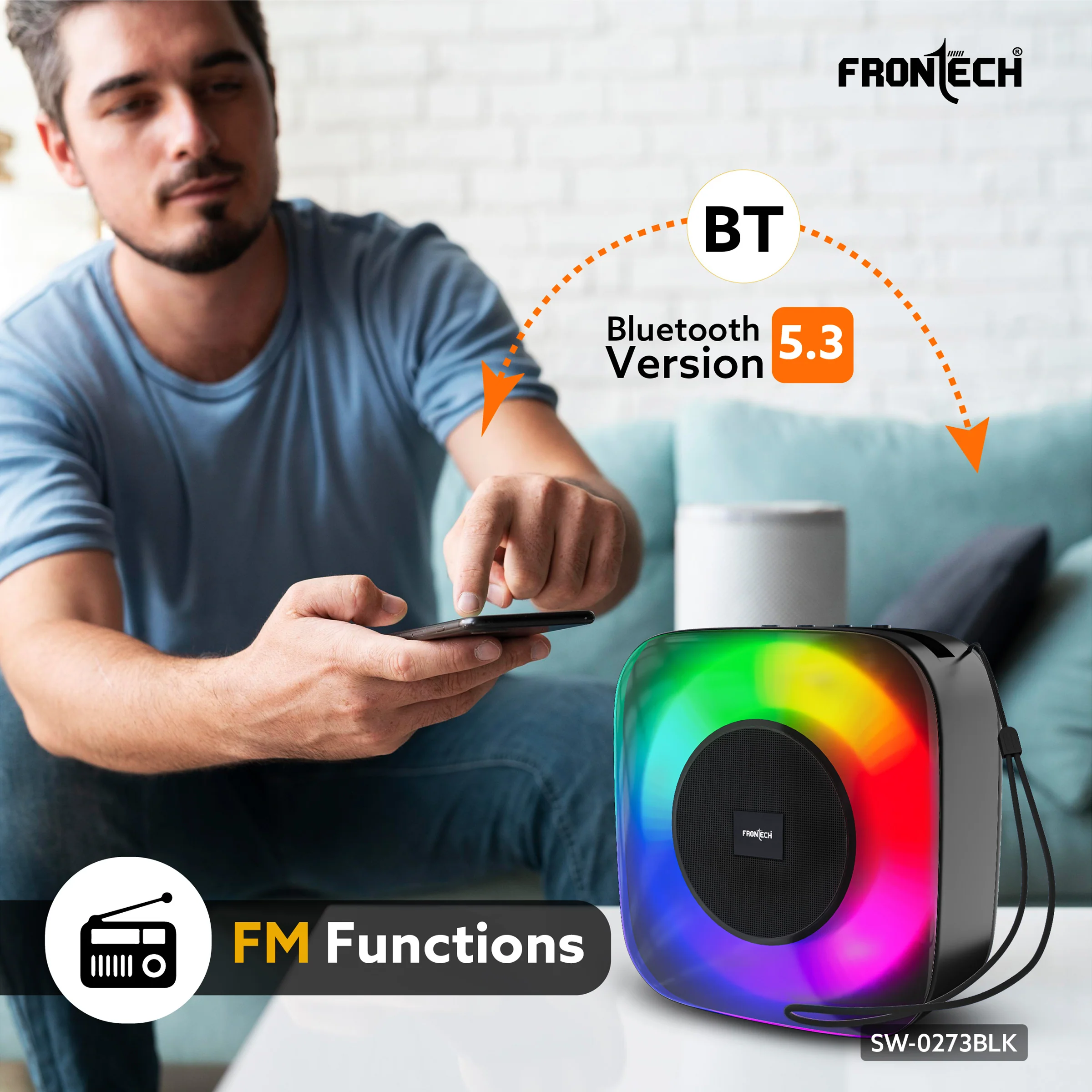 Frontech 15W Portable Wireless Multimedia Speaker with Bluetooth 5.3, FM, USB, TF Card, Mobile Holder, RGB LED Lights, 6 Hrs Playback, 1000mAh Battery, 1 Year Warranty (SW-0273BLK) - Image 4