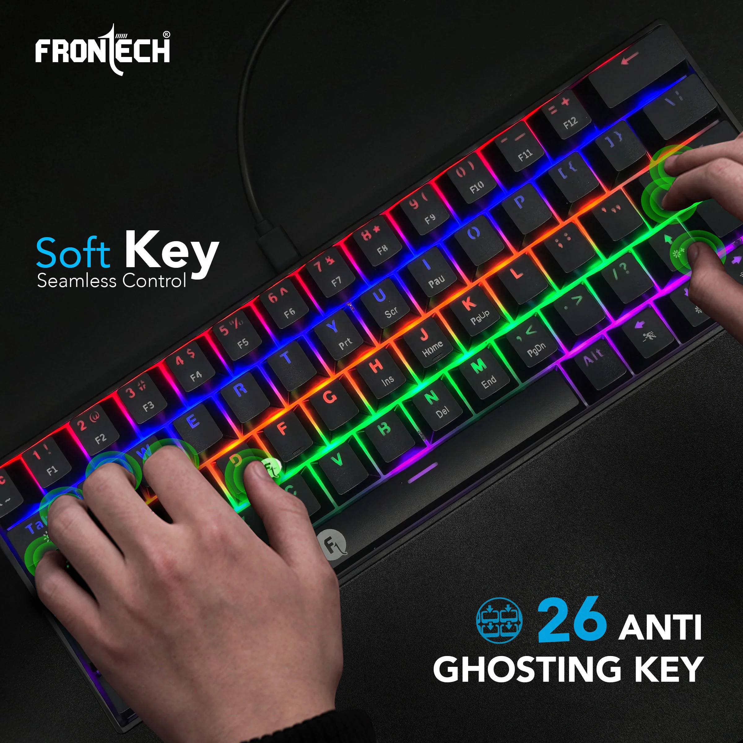 Frontech 63-Key Mechanical Gaming Wired Keyboard | Rainbow Backlit | 26 Anti-Ghosting Keys | Detachable Type-C Cable | Compatible with Windows/Mac/iOS/Android (KB-0010P) - Image 3