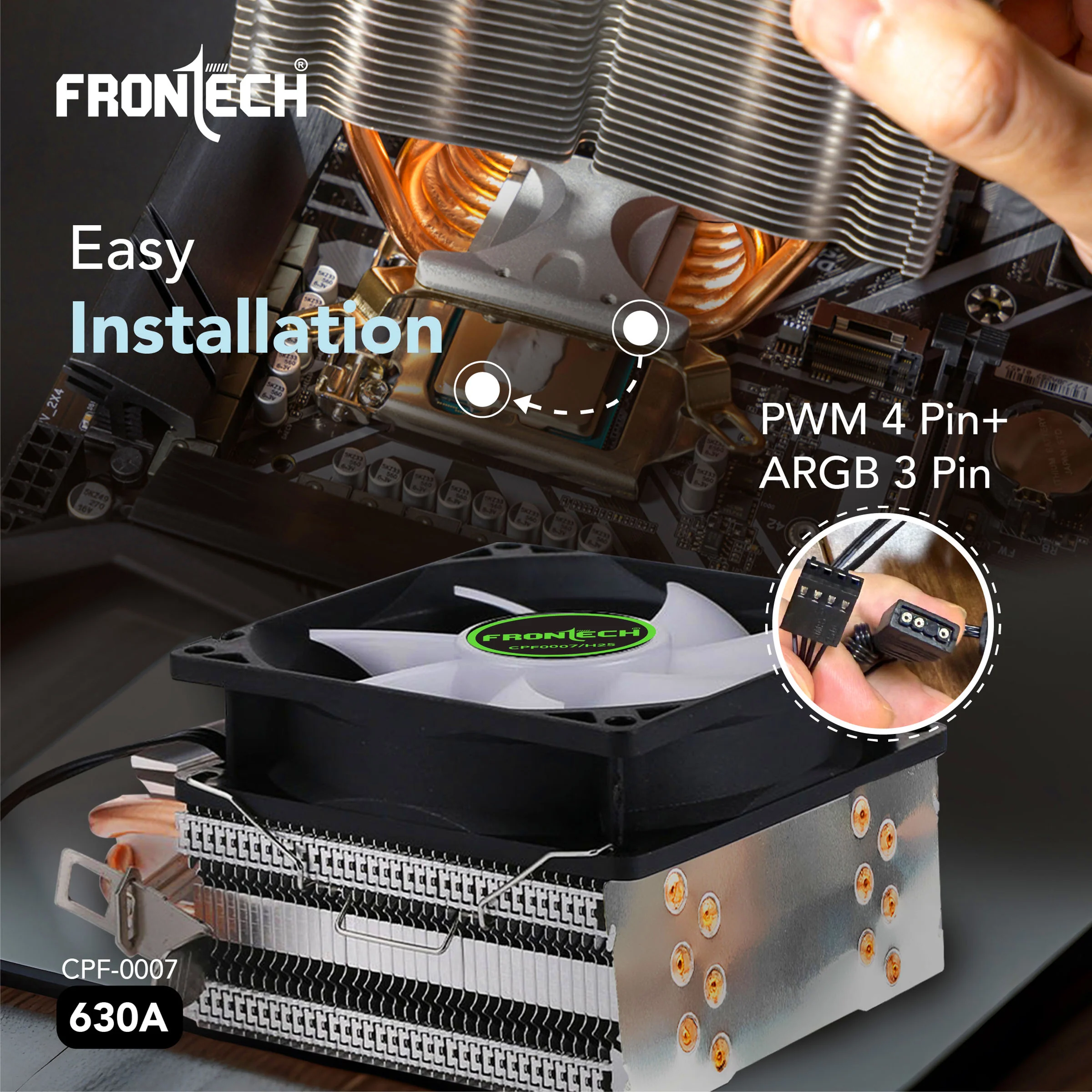 Frontech 630A CPU Air Cooler | 6 Copper Heat Pipes, 120mm RGB Fan, 1800 RPM | Supports LGA 1700 & AM5 | PWM 4-Pin + ARGB 3-Pin | Super Silent Cooling with Heatsink (CPF-0007) - Image 6
