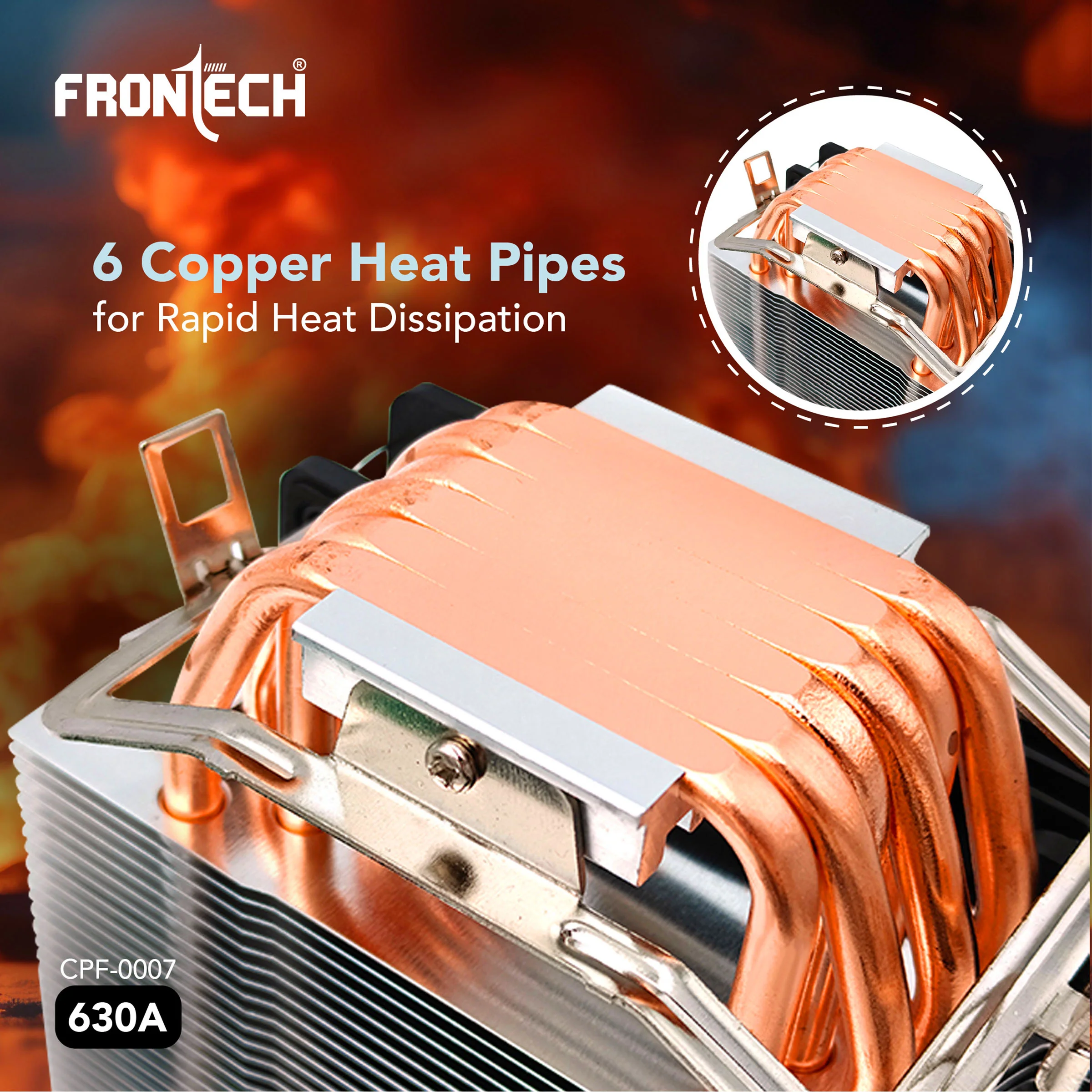 Frontech 630A CPU Air Cooler | 6 Copper Heat Pipes, 120mm RGB Fan, 1800 RPM | Supports LGA 1700 & AM5 | PWM 4-Pin + ARGB 3-Pin | Super Silent Cooling with Heatsink (CPF-0007) - Image 7