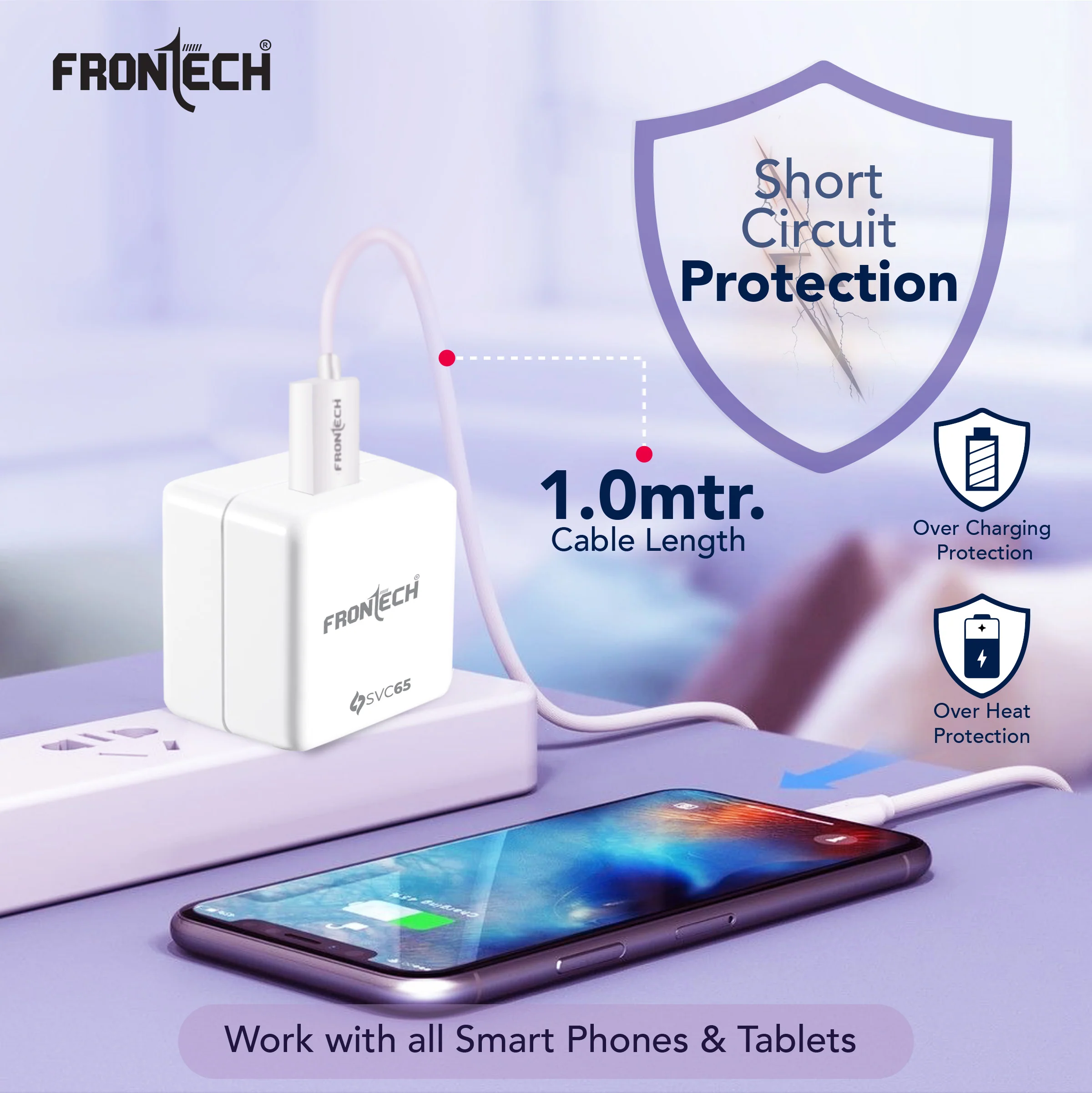 Frontech 65W SVC Fast Charger | 1m USB Cable | Single Port | Smart Chip | Multi-Protection for Smartphones & Tablets – White (MCH-0025) - Image 4