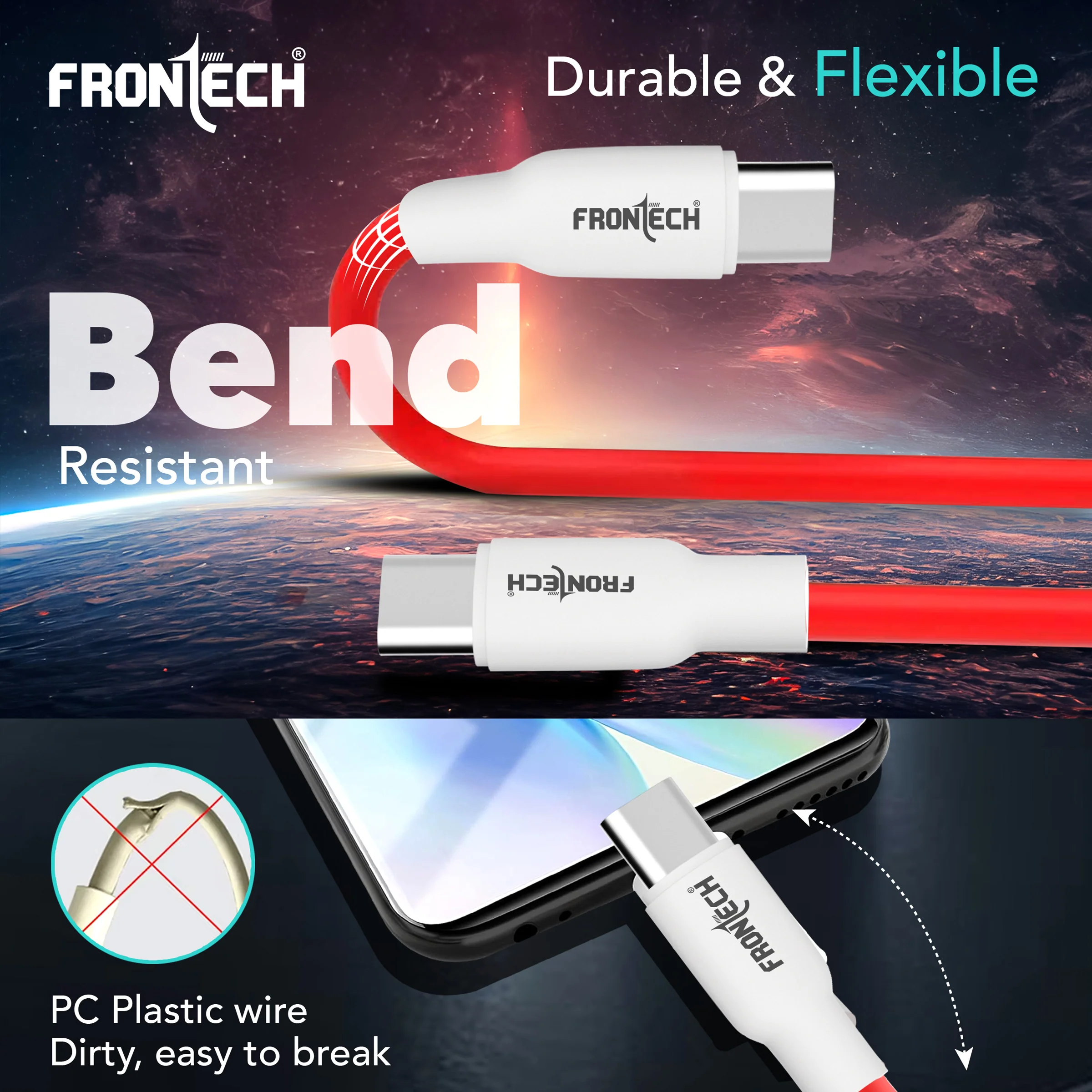 Frontech 65W Type-C to Type-C Super-Fast Charging | USB Data Cable 1.0M | Durable & Bend Resistant | 480Mbps | High-Speed Data Sync, Compatible with All Type-C Devices (FT-1045) - Image 3