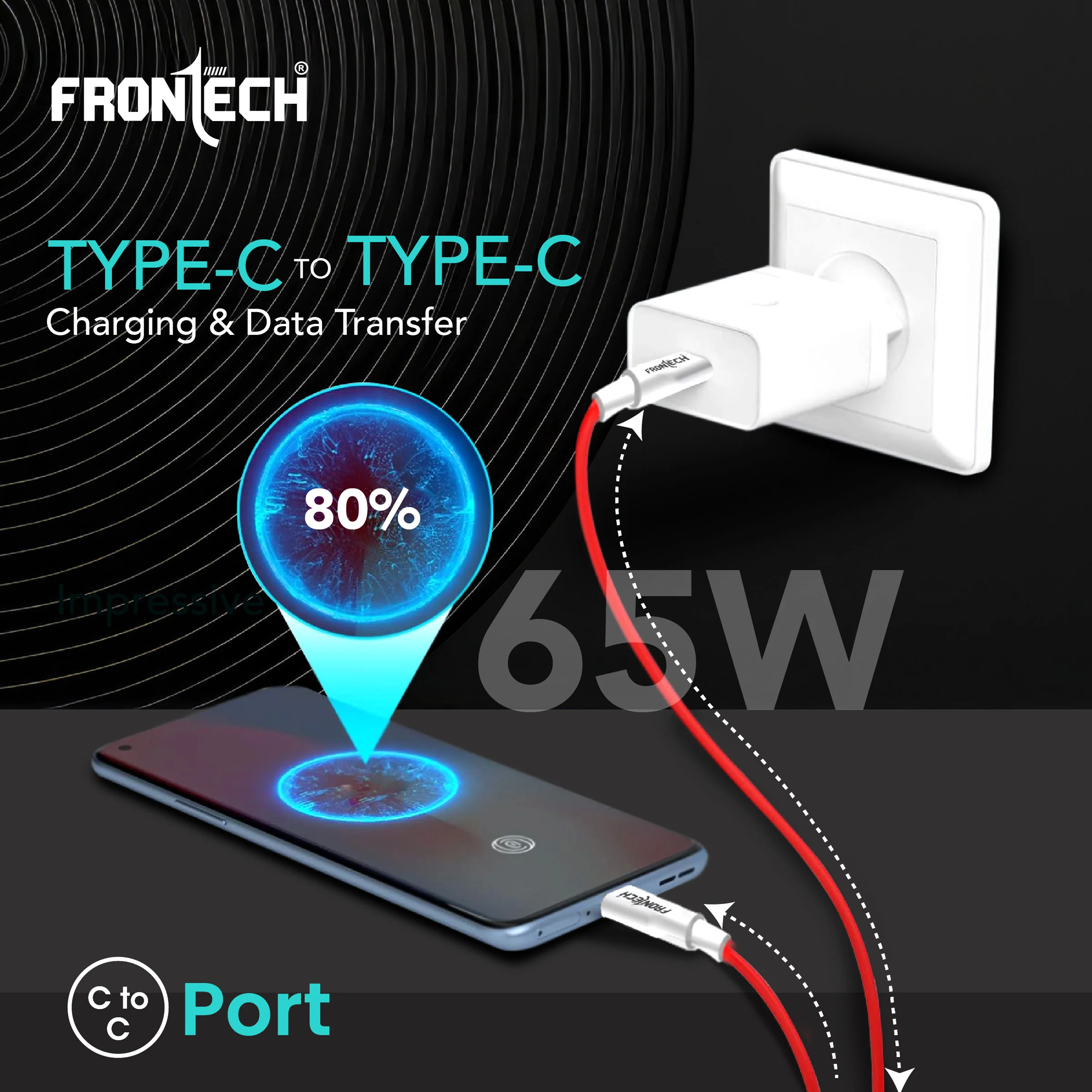 Frontech 65W Type-C to Type-C Super-Fast Charging | USB Data Cable 1.0M | Durable & Bend Resistant | 480Mbps | High-Speed Data Sync, Compatible with All Type-C Devices (FT-1045) - Image 4