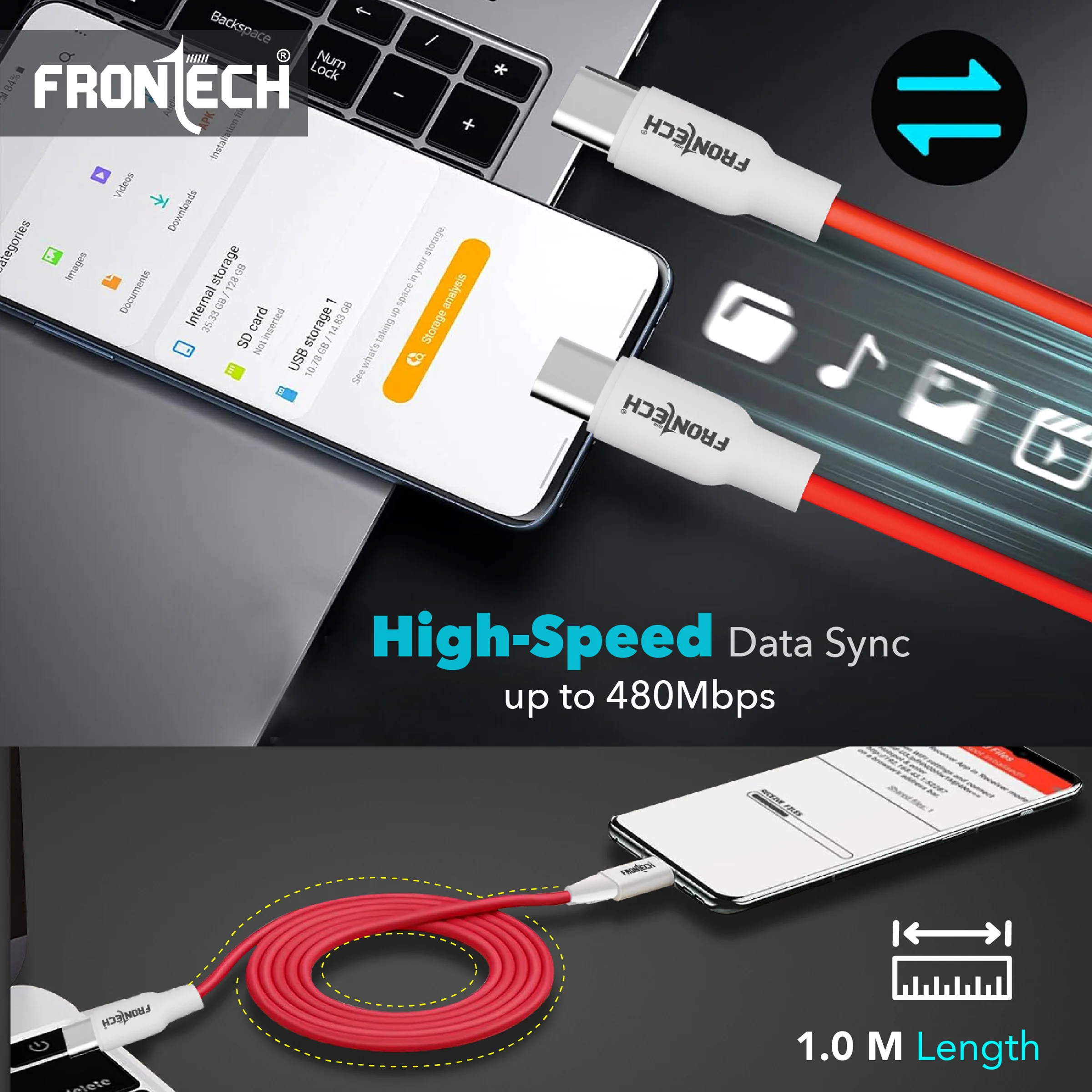 Frontech 65W Type-C to Type-C Super-Fast Charging | USB Data Cable 1.0M | Durable & Bend Resistant | 480Mbps | High-Speed Data Sync, Compatible with All Type-C Devices (FT-1045) - Image 5
